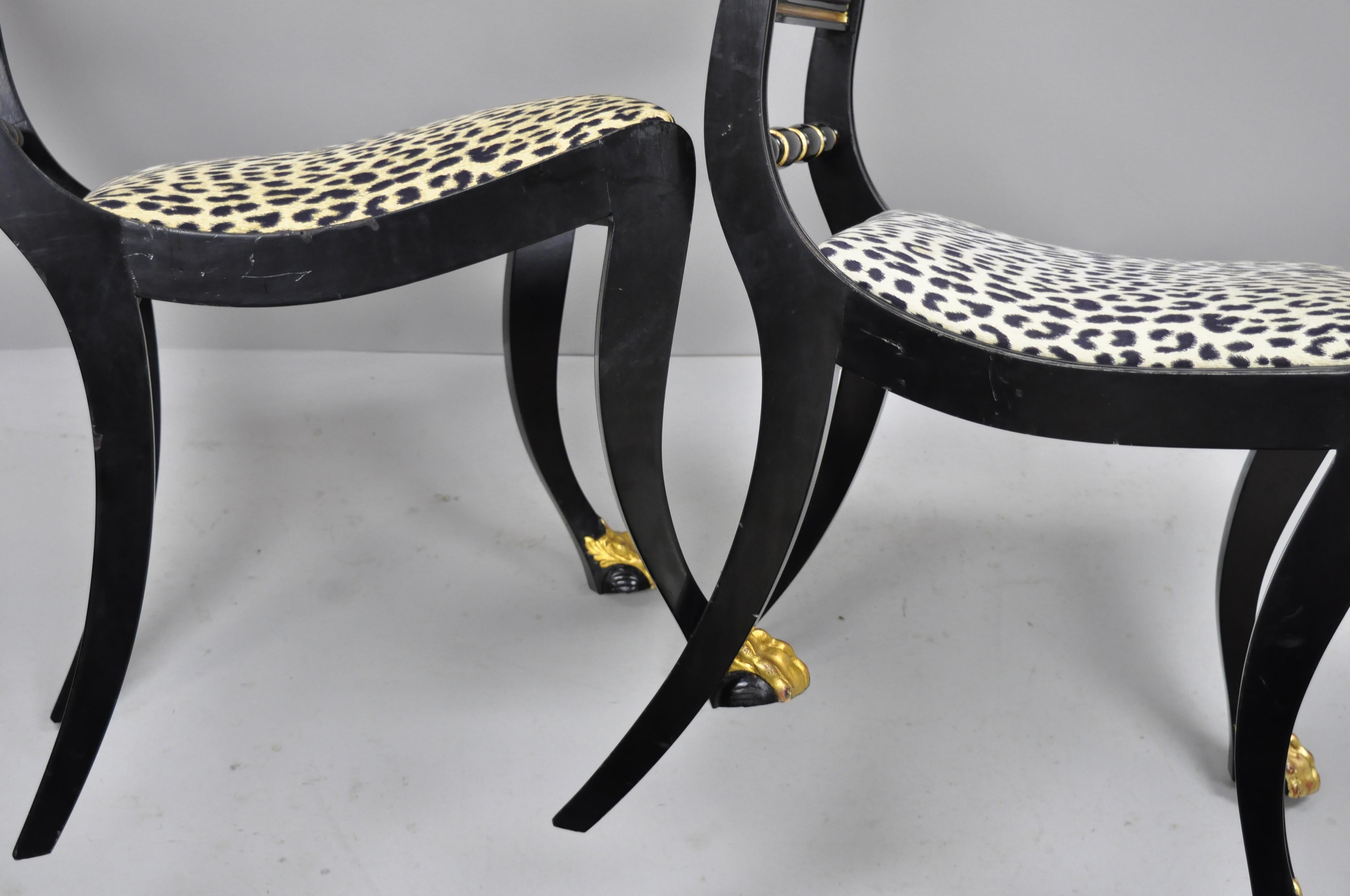 6 Black and Gold Regency Style Paw Feet Dining Chairs Leopard Fabric 1