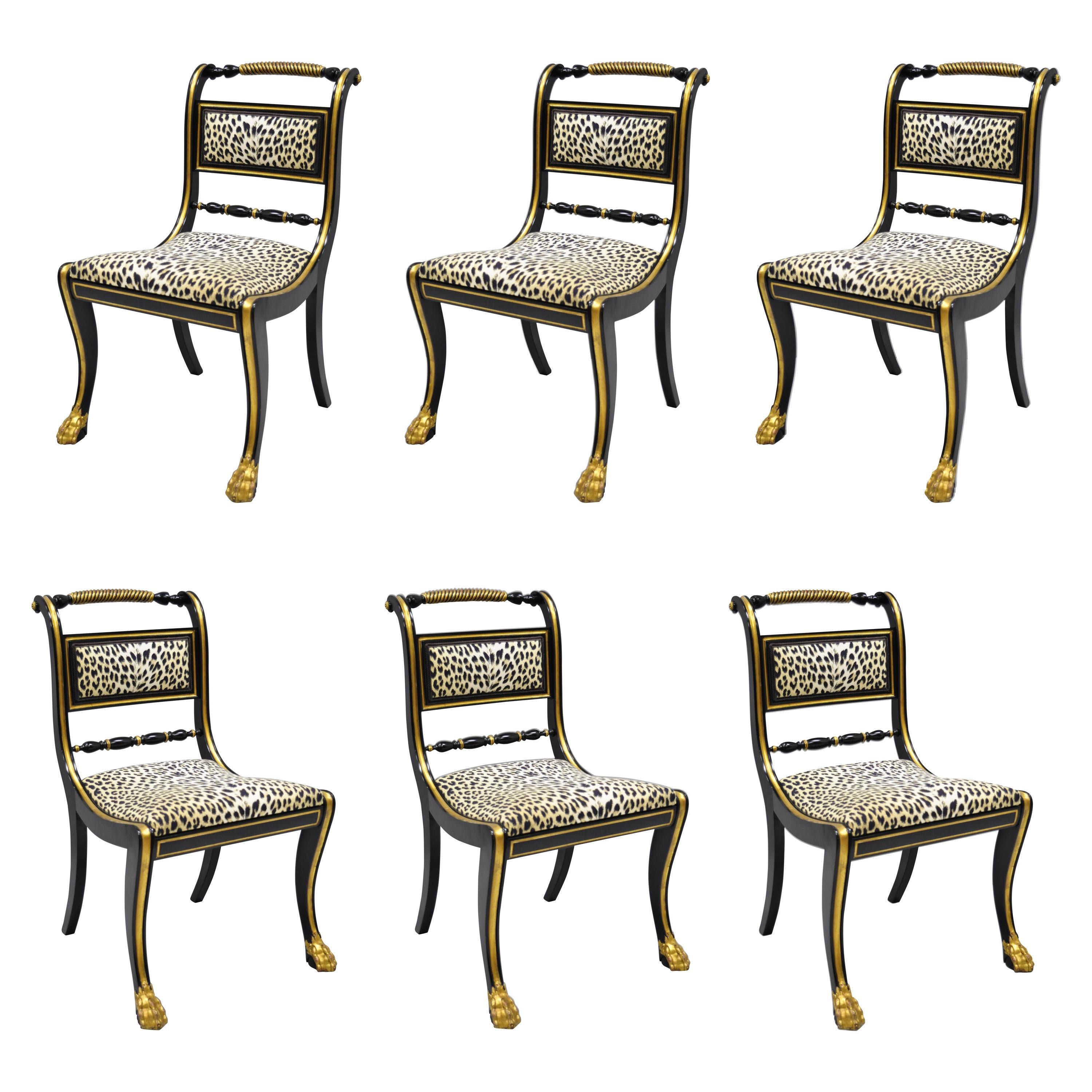 6 Black and Gold Regency Style Paw Feet Dining Chairs Leopard Fabric