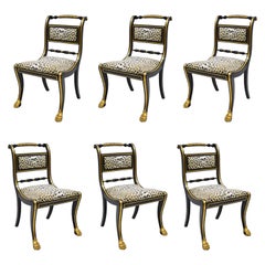 6 Black and Gold Regency Style Paw Feet Dining Chairs Leopard Fabric