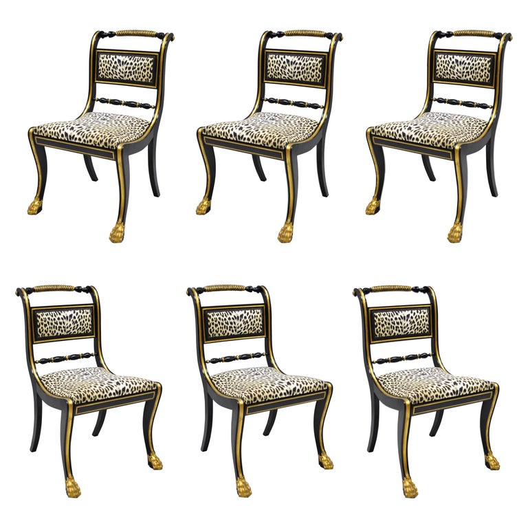 6 Black and Gold Regency Style Paw Feet Dining Chairs Leopard Fabric at