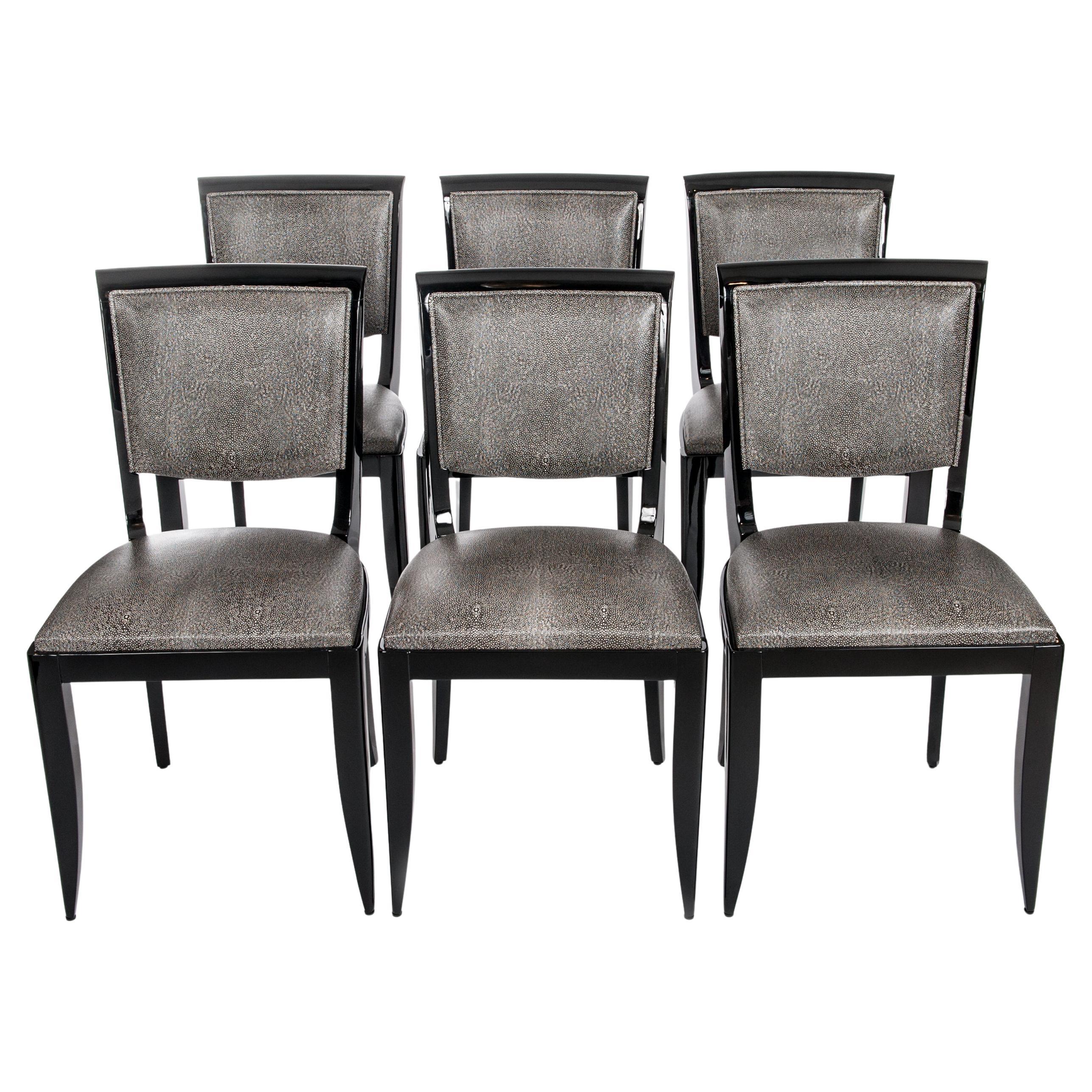 6 Black Art Déco Dining Room Chairs Black-White Raydesign Colored Leather 1930s