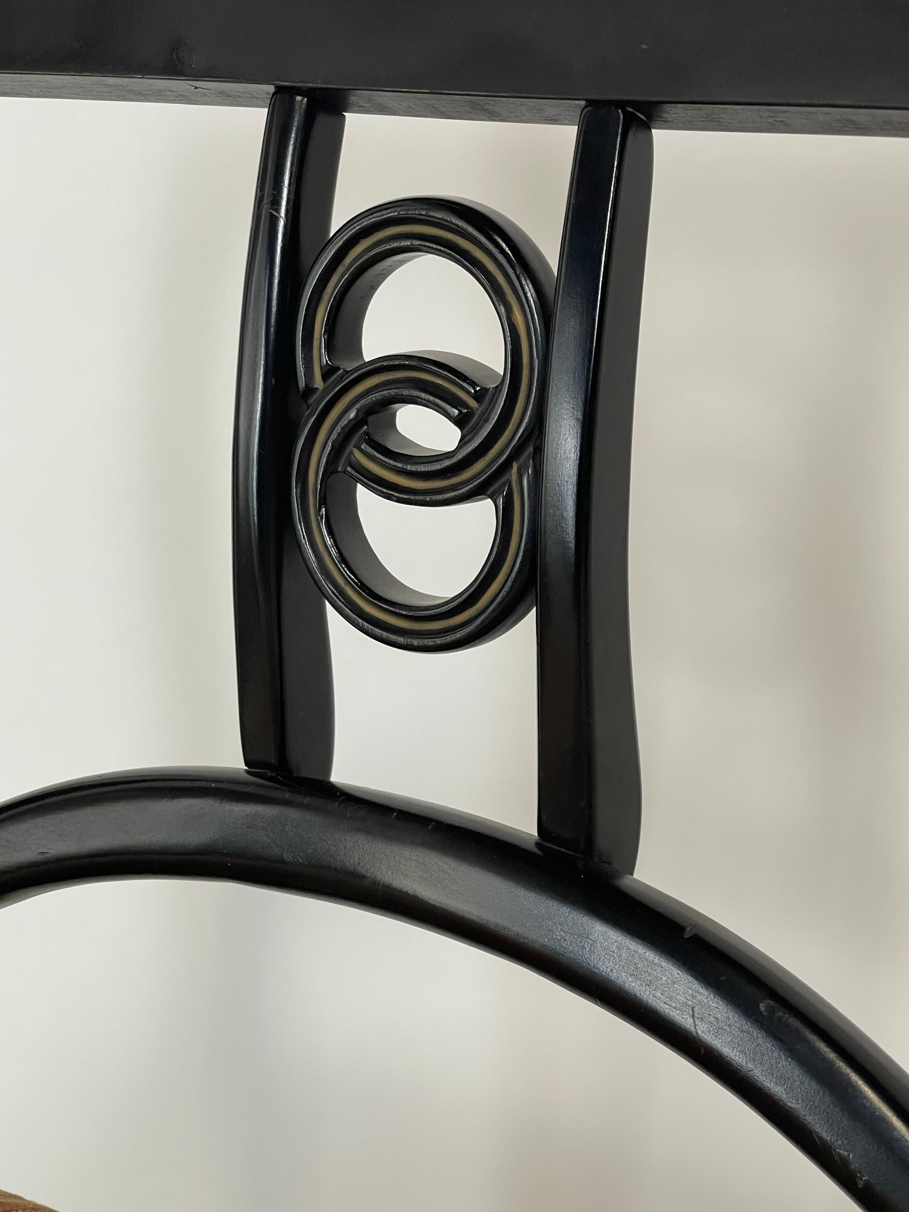 Hollywood Regency 6 Black Lacquered Michael Taylor for Baker Dining Chairs w. Interlocking Circle  For Sale