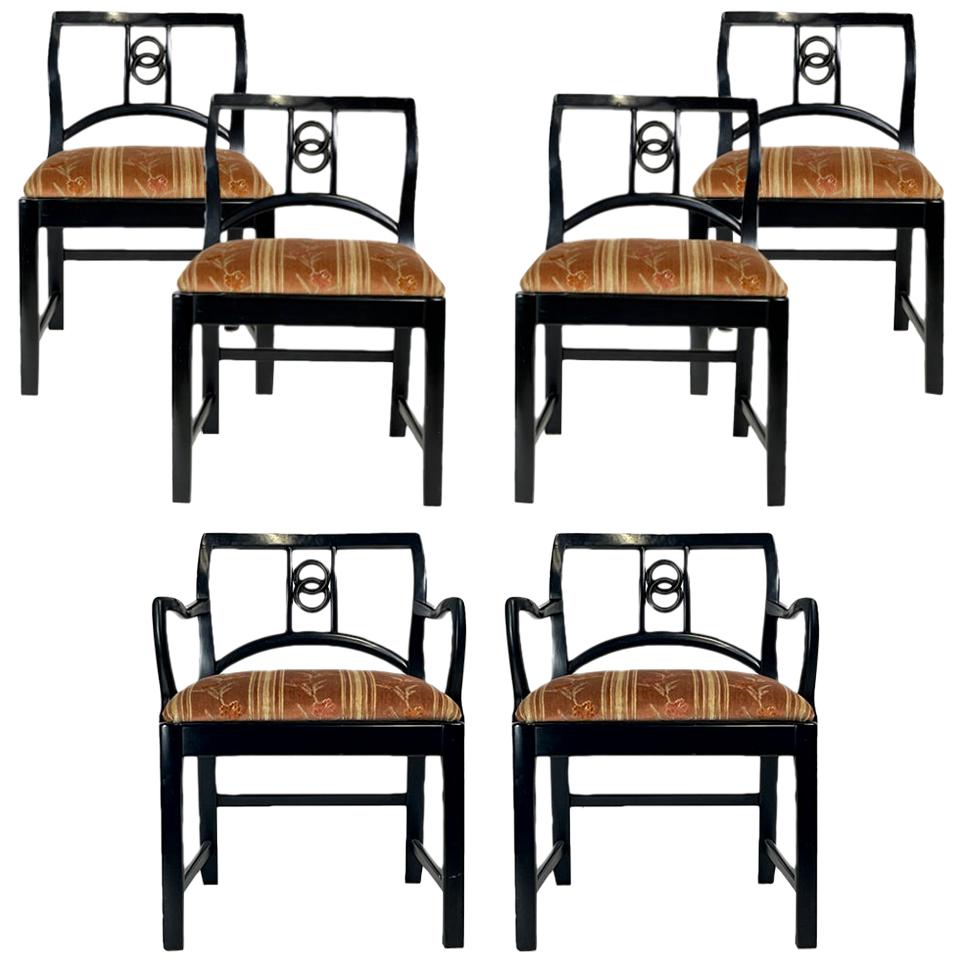 6 Black Lacquered Michael Taylor for Baker Dining Chairs w. Interlocking Circle 