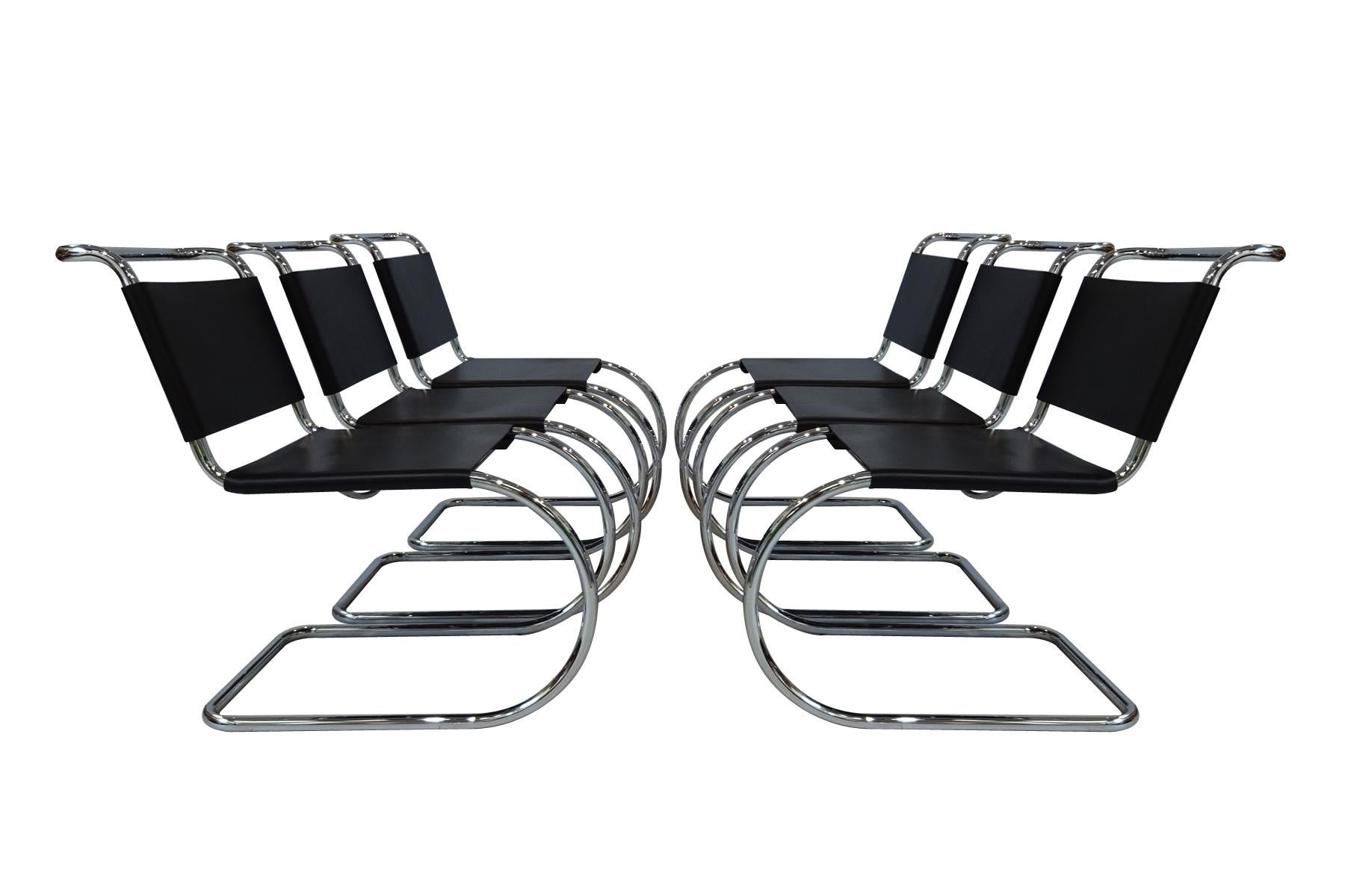 A superb set of 6 black leather and chrome lace back Mies van der Rohe MR10 cantilever chairs produced by Knoll International.

 

These chairs are a design icon being one of the very first cantilever design chairs ever designed by van der Rohe.