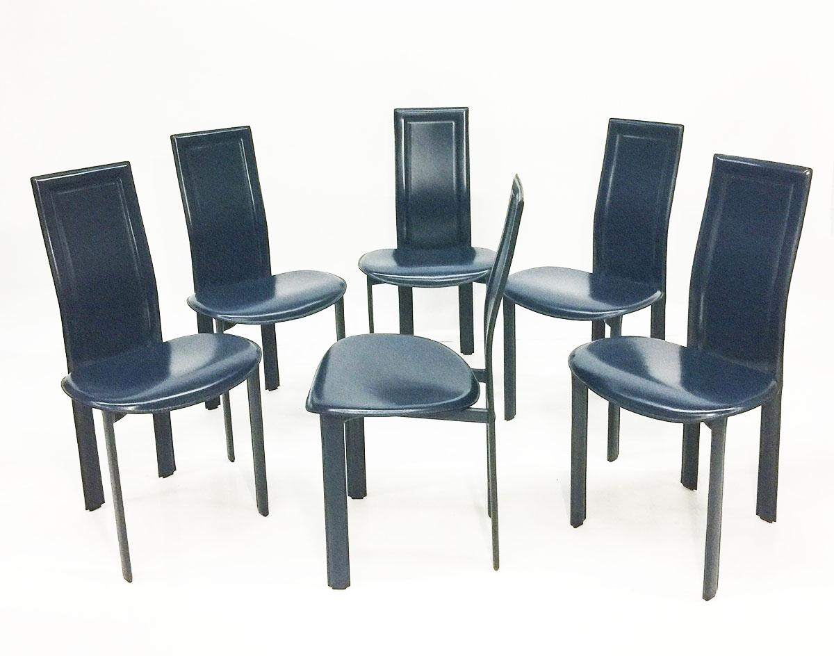 6 Blue leather dining chairs 