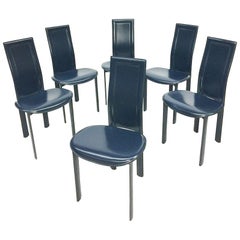 6 Blue leather dining chairs "Lara" design by Giorgio Cattelan, Italy