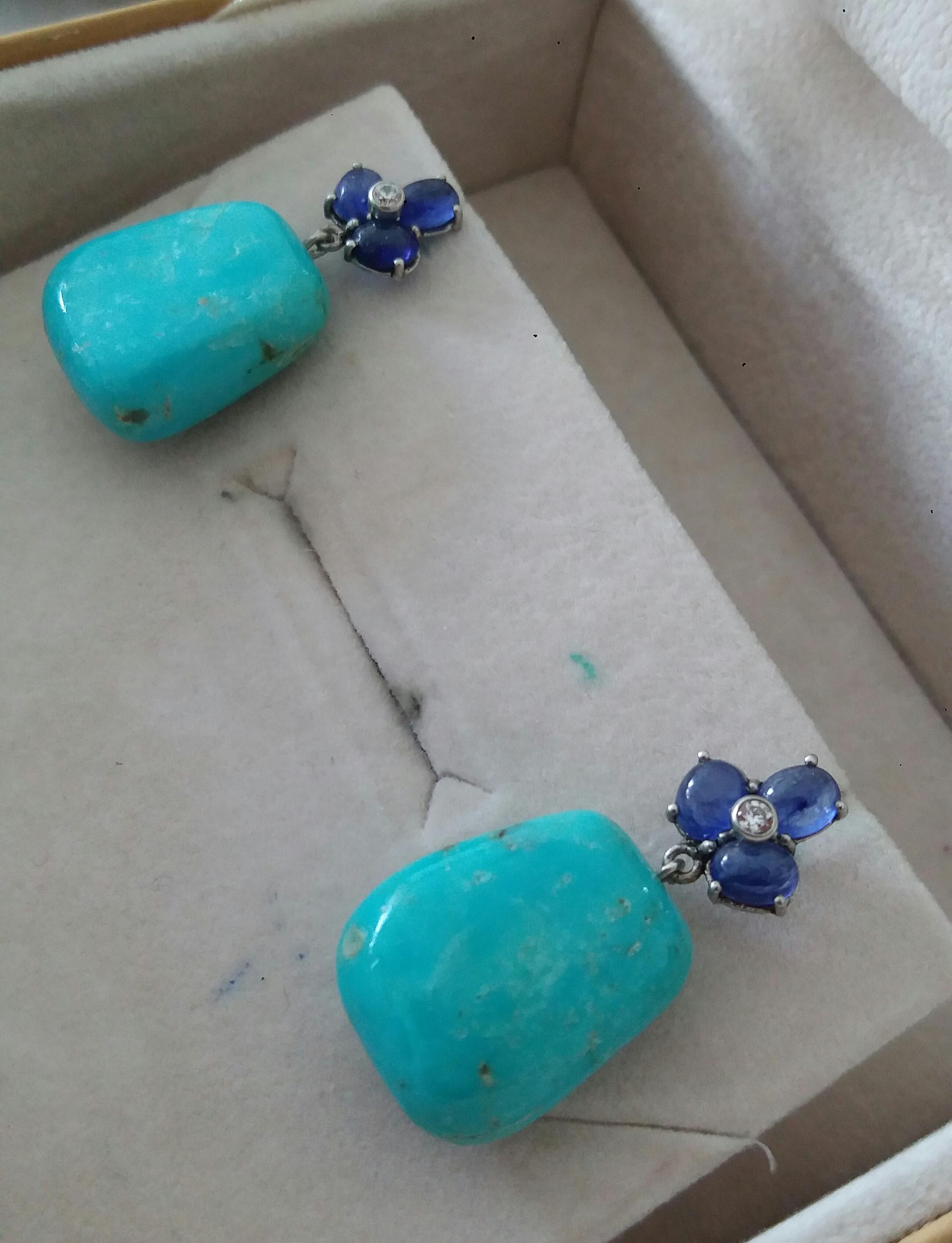 6 Blue Sapphires Cabs 14K Gold Diamonds Trapeze Shape Turquoise Drops Earrings For Sale 4