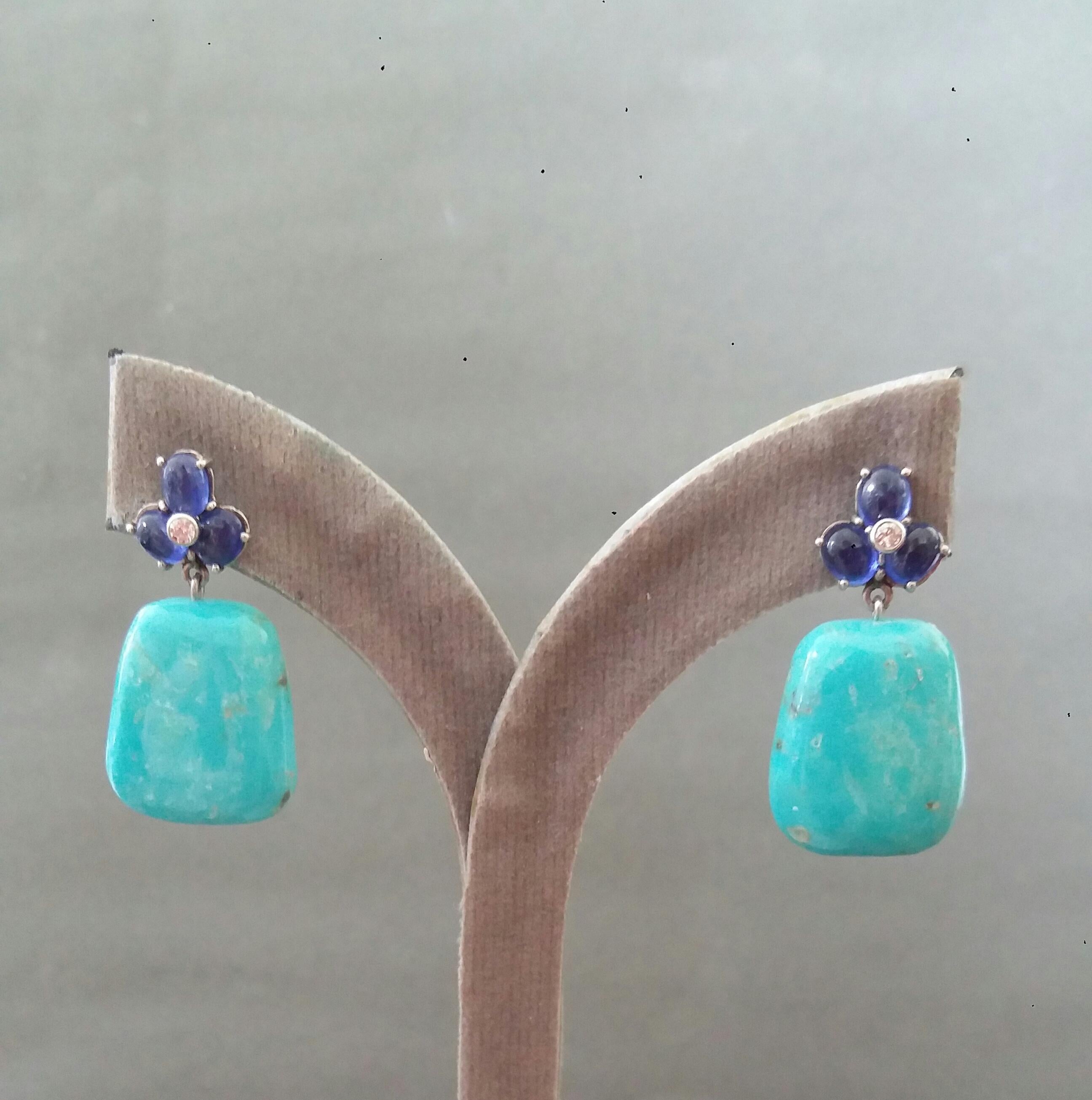 6 Blue Sapphires Cabs 14K Gold Diamonds Trapeze Shape Turquoise Drops Earrings For Sale 5