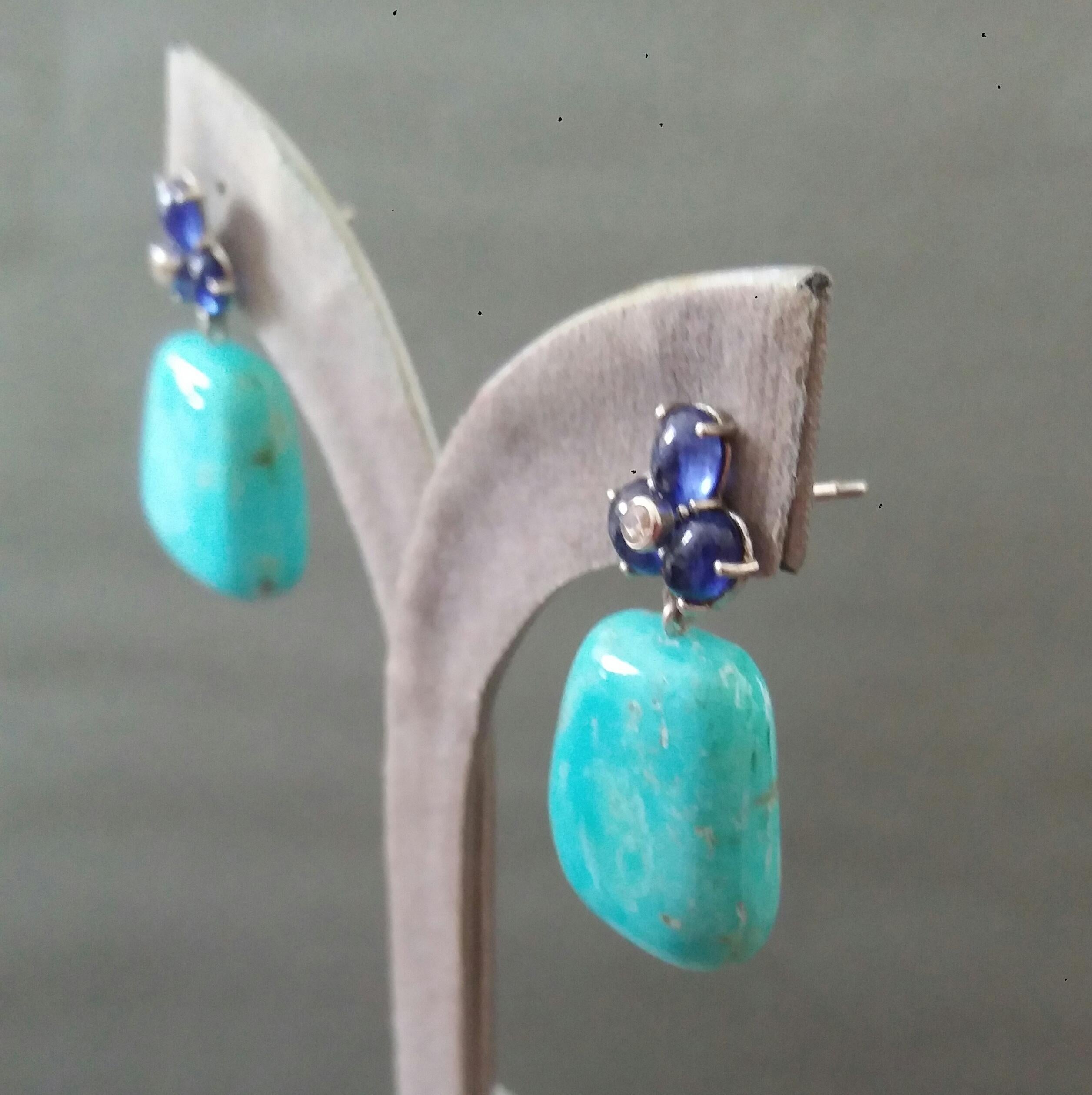 6 Blue Sapphires Cabs 14K Gold Diamonds Trapeze Shape Turquoise Drops Earrings For Sale 6