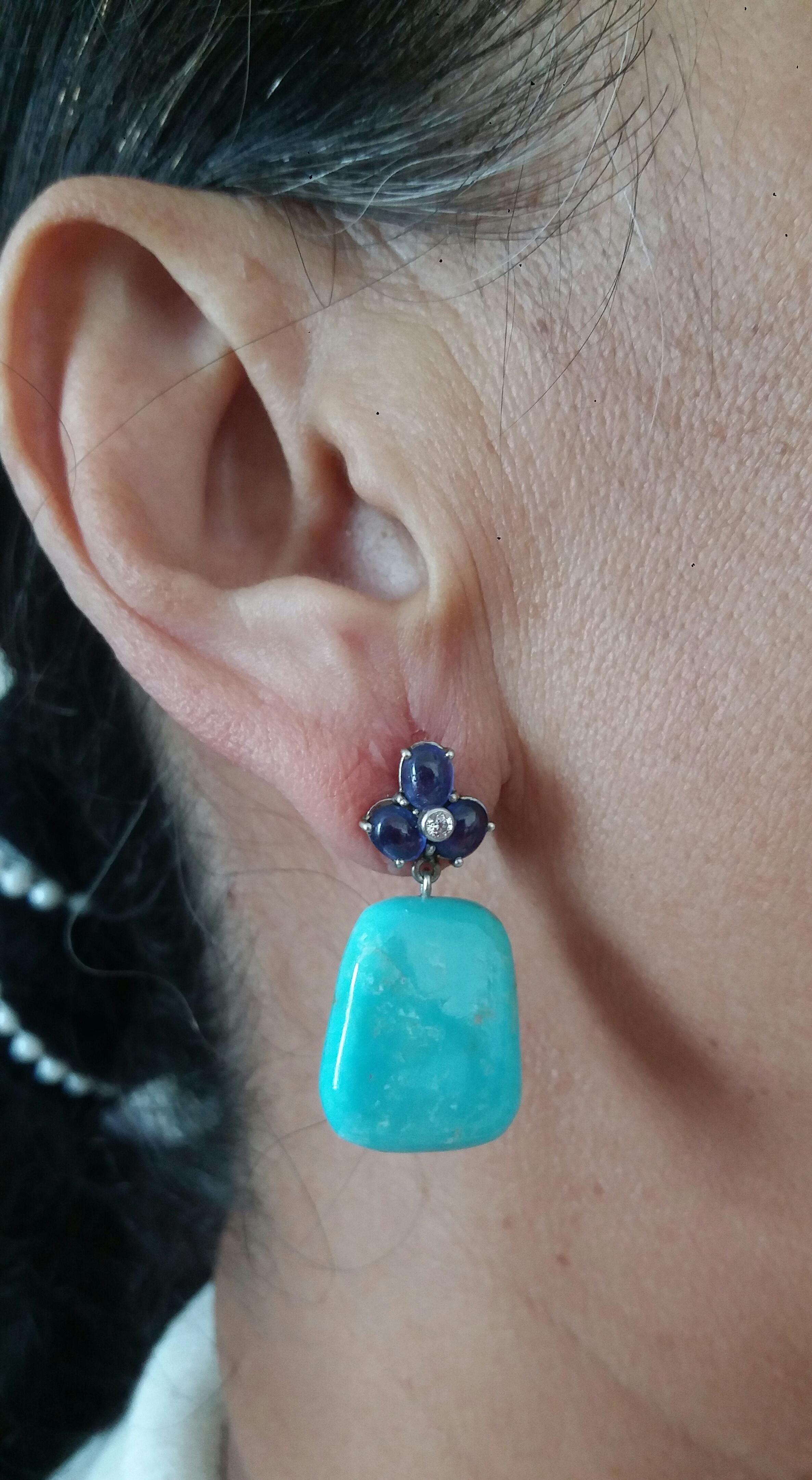 6 Blue Sapphires Cabs 14K Gold Diamonds Trapeze Shape Turquoise Drops Earrings For Sale 7