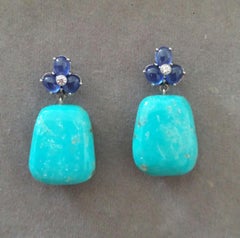 6 Boucles d'oreilles saphirs bleus Cabs or 14K diamants Turquoise en forme de trapèze