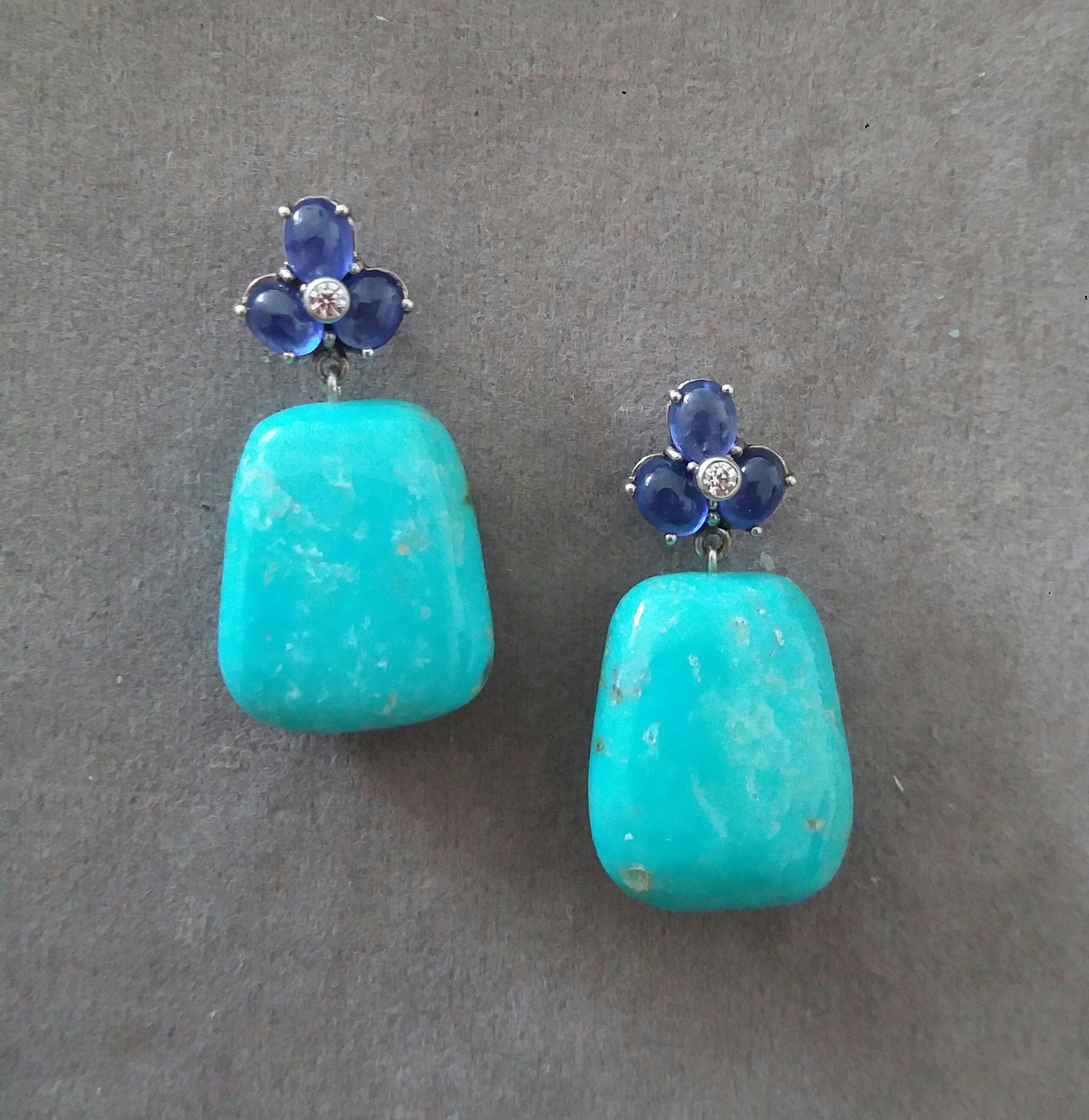 Artisan 6 Blue Sapphires Cabs 14K Gold Diamonds Trapeze Shape Turquoise Drops Earrings For Sale