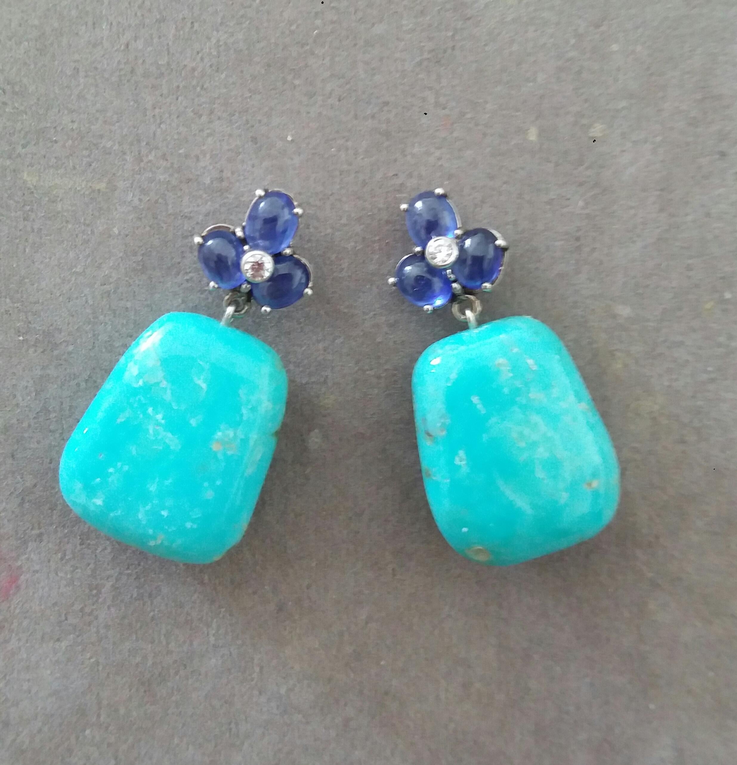 Mixed Cut 6 Blue Sapphires Cabs 14K Gold Diamonds Trapeze Shape Turquoise Drops Earrings For Sale