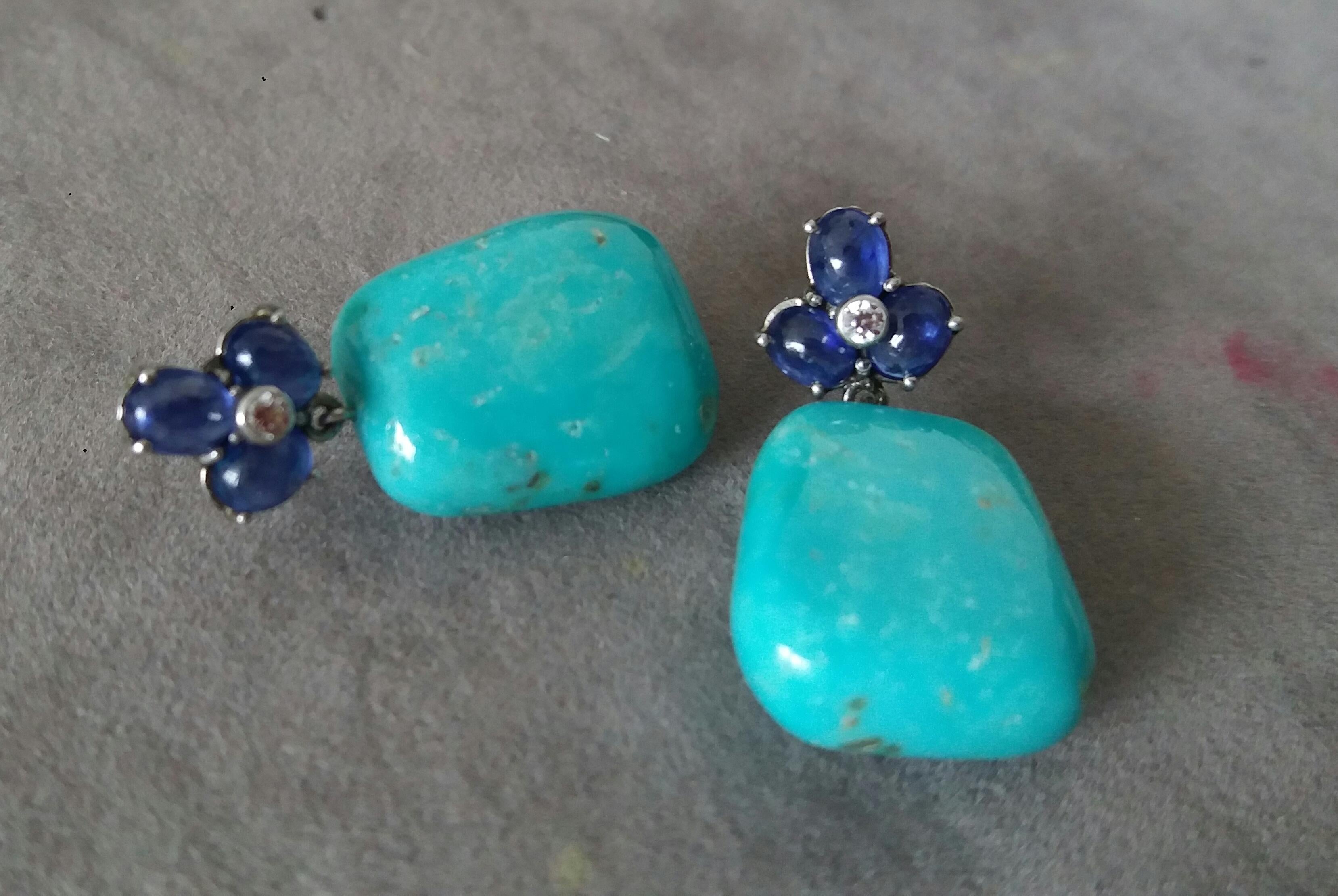 6 Blue Sapphires Cabs 14K Gold Diamonds Trapeze Shape Turquoise Drops Earrings In New Condition For Sale In Bangkok, TH