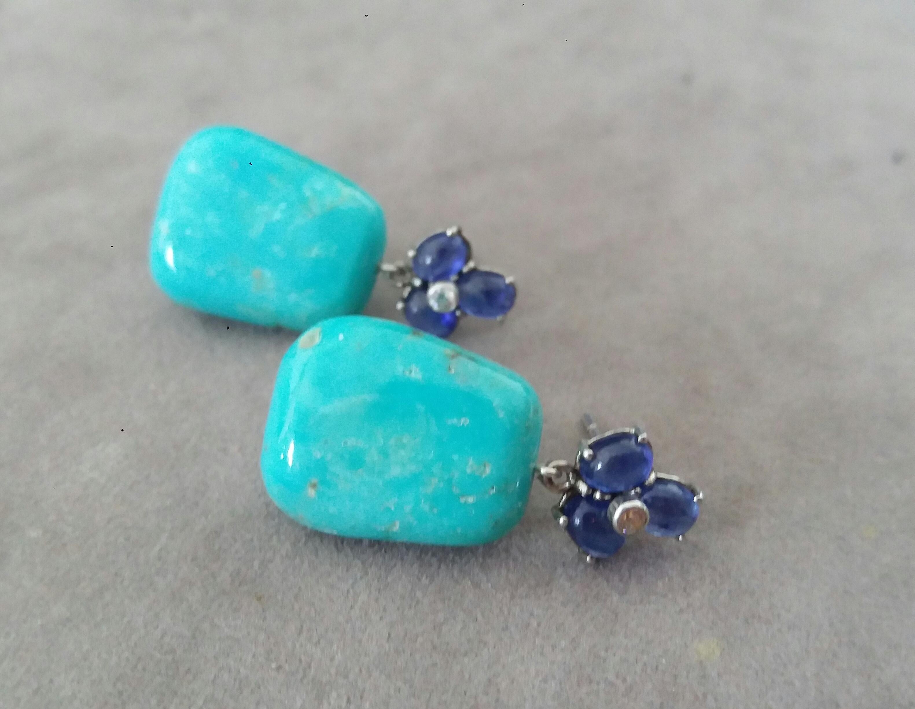 Women's 6 Blue Sapphires Cabs 14K Gold Diamonds Trapeze Shape Turquoise Drops Earrings For Sale