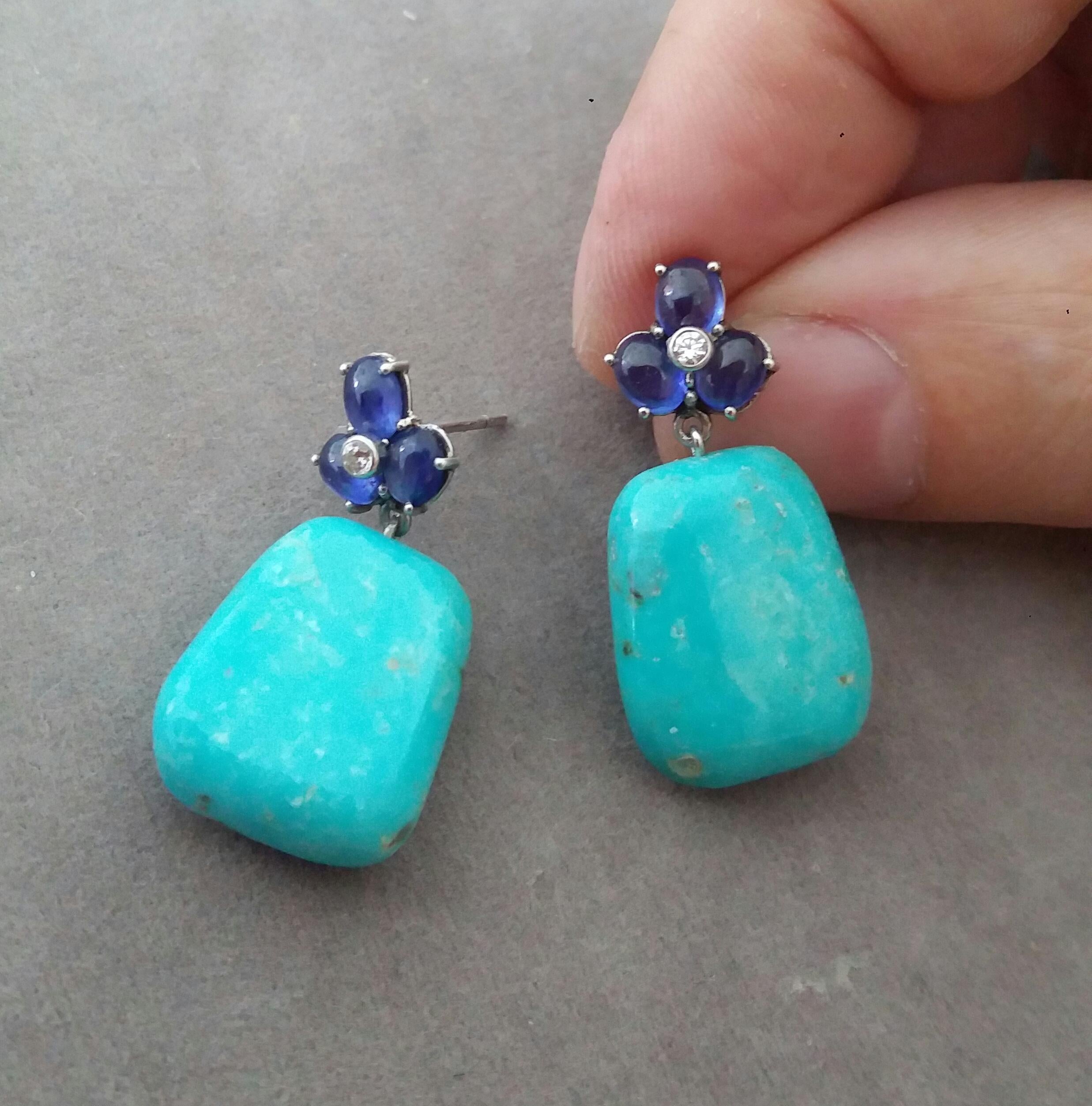 6 Blue Sapphires Cabs 14K Gold Diamonds Trapeze Shape Turquoise Drops Earrings For Sale 1