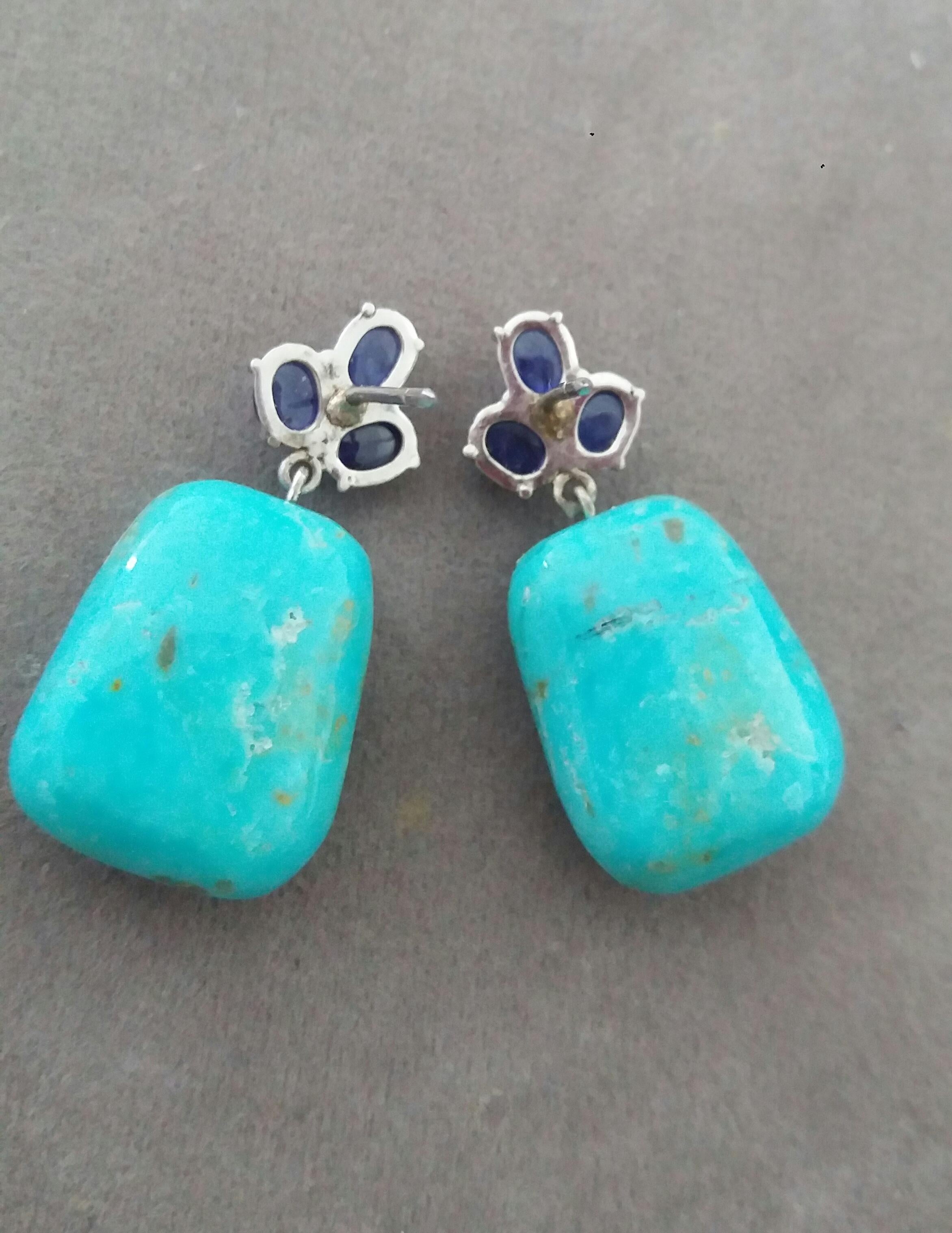 6 Blue Sapphires Cabs 14K Gold Diamonds Trapeze Shape Turquoise Drops Earrings For Sale 2