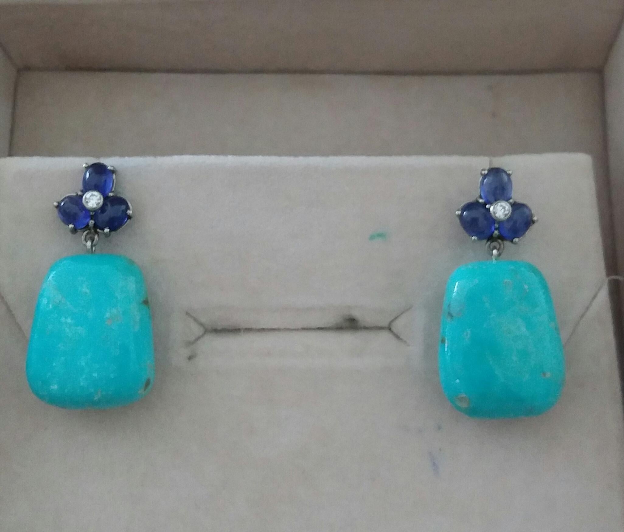 6 Blue Sapphires Cabs 14K Gold Diamonds Trapeze Shape Turquoise Drops Earrings For Sale 3