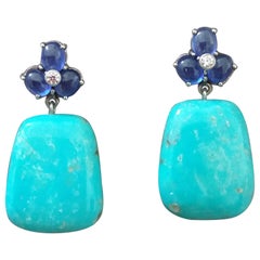 6 Blue Sapphires Cabs 14K Gold Diamonds Trapeze Shape Turquoise Drops Earrings