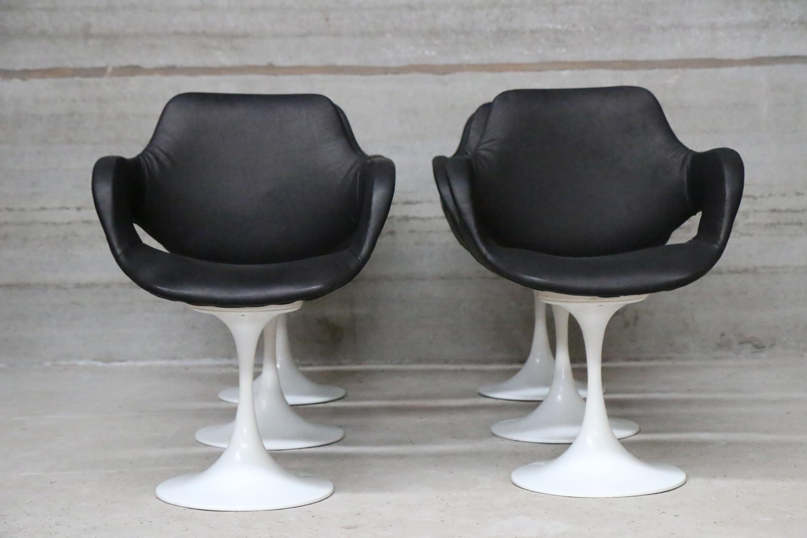 Steel 6 Boris Tabacoff Armchairs Re-Upholstered in Full Grain Black Leather For Sale