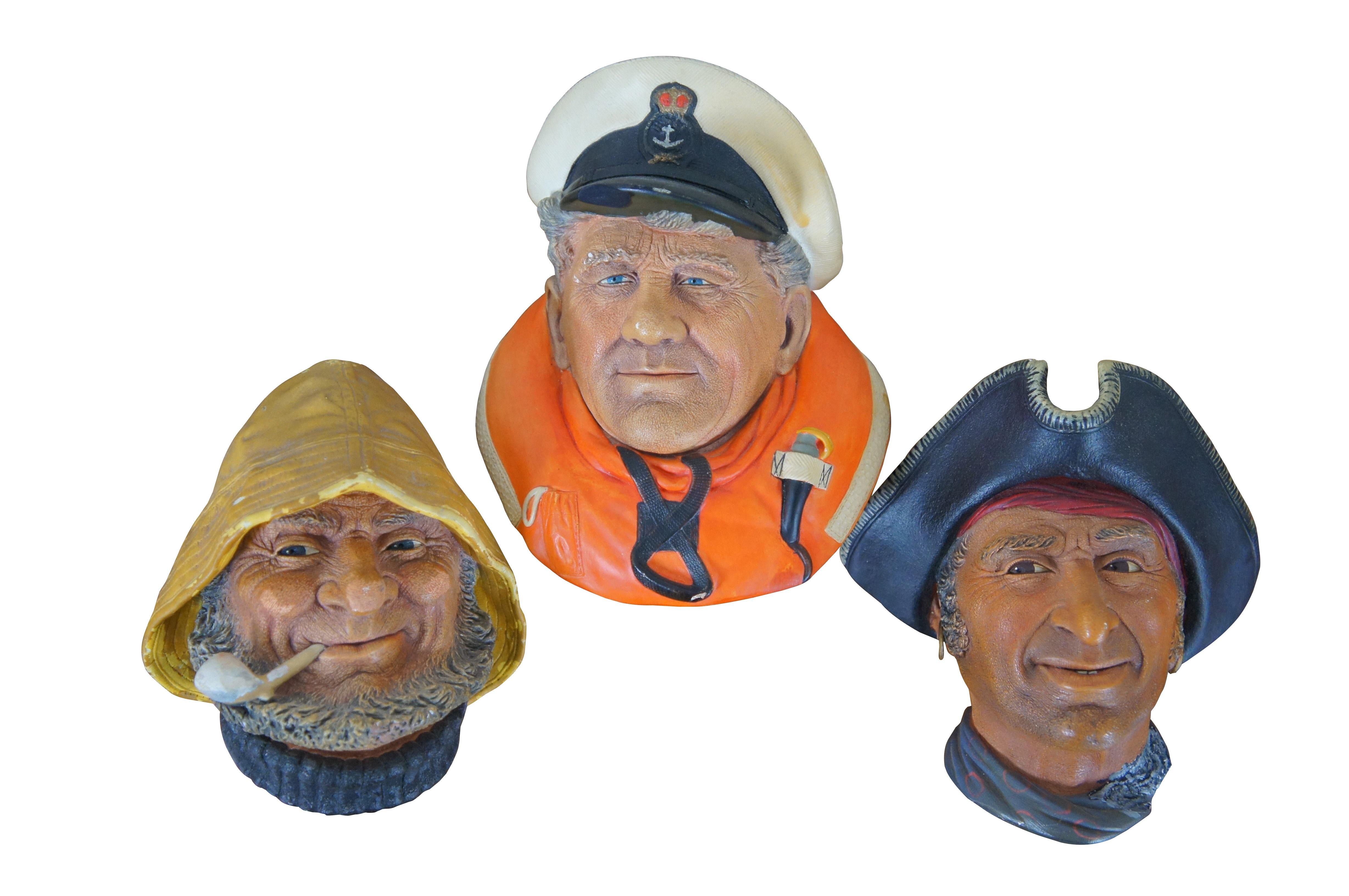 Six Bosson’s painted chalkware wall hanging busts / heads representing seamen / sailors through the centuries, including Boatman 1967, Old Salt 1971, Captain Kidd Privateer 1982, Coxswain 1985, Fisherman 1990, and one unmarked pirate with eye patch
