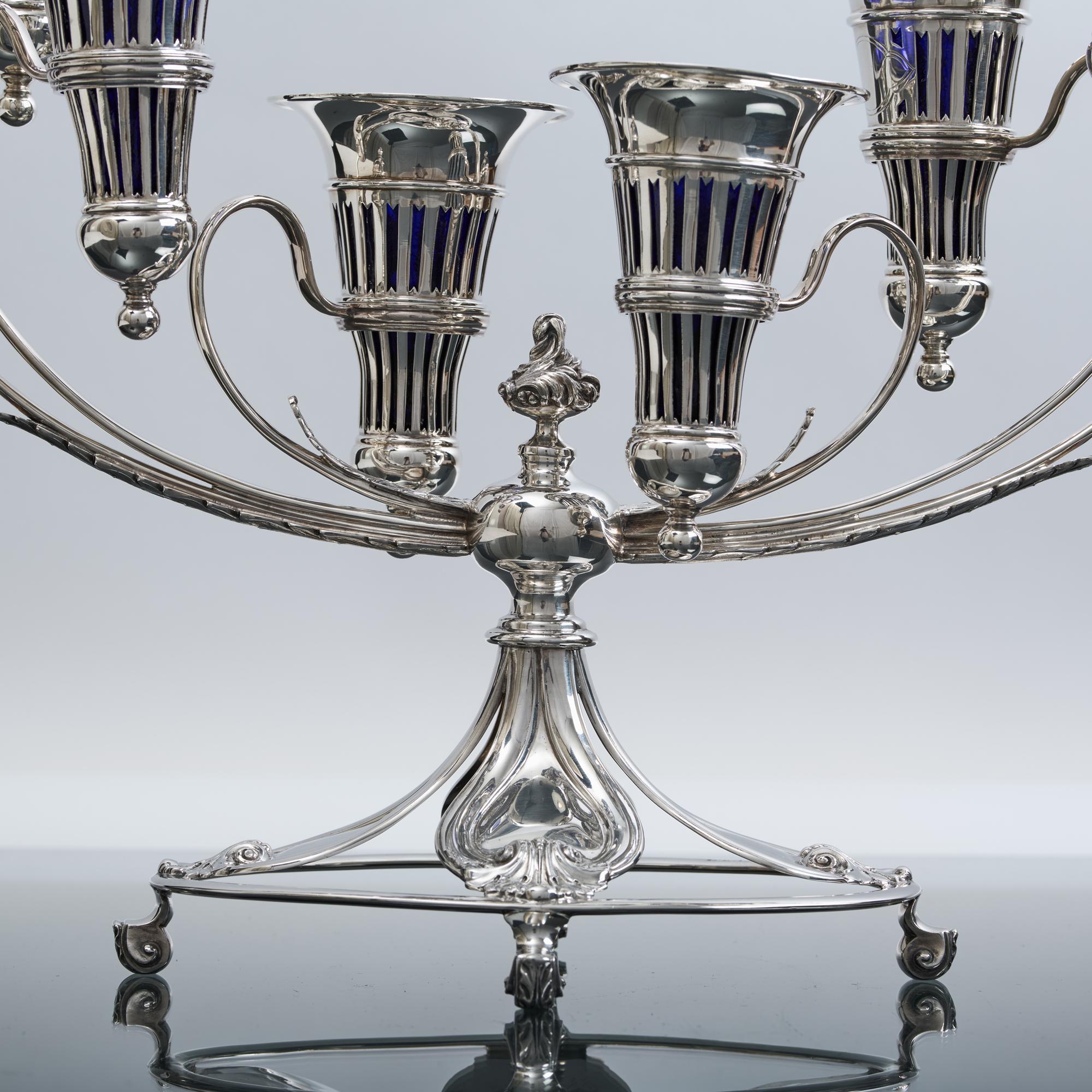 Début du 20ème siècle Vase à fleurs à 6 branches en argent ancien épergne en vente