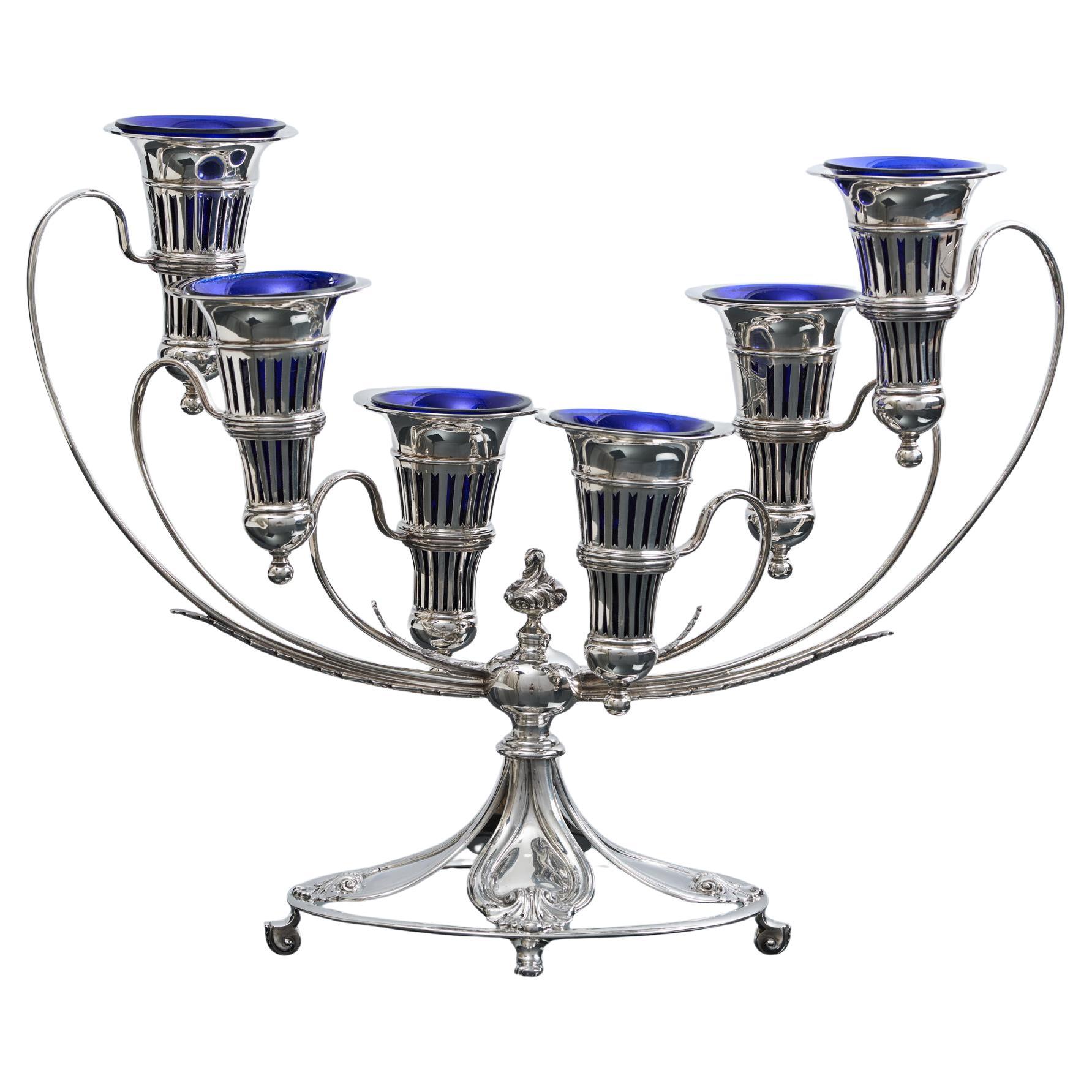 6-branch antique silver flower vase épergne