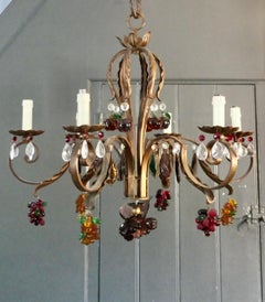 6 Branch Chandelier Hung with Coloured Crystal Fruits, Grapes, Apples and Pears