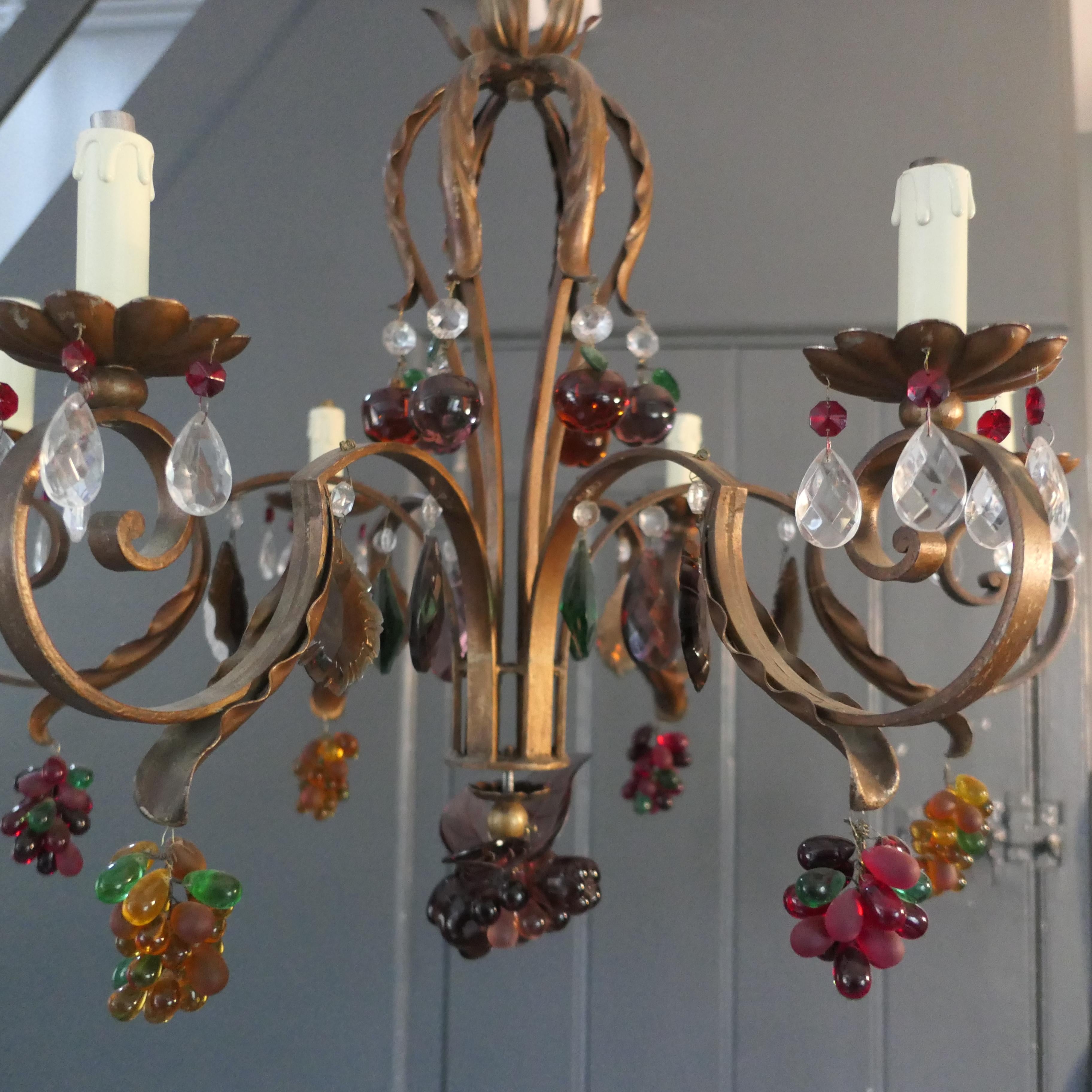Arts and Crafts 6 Branch Chandelier Hung with Coloured Crystal Fruits, Grapes, Apples and Pears For Sale