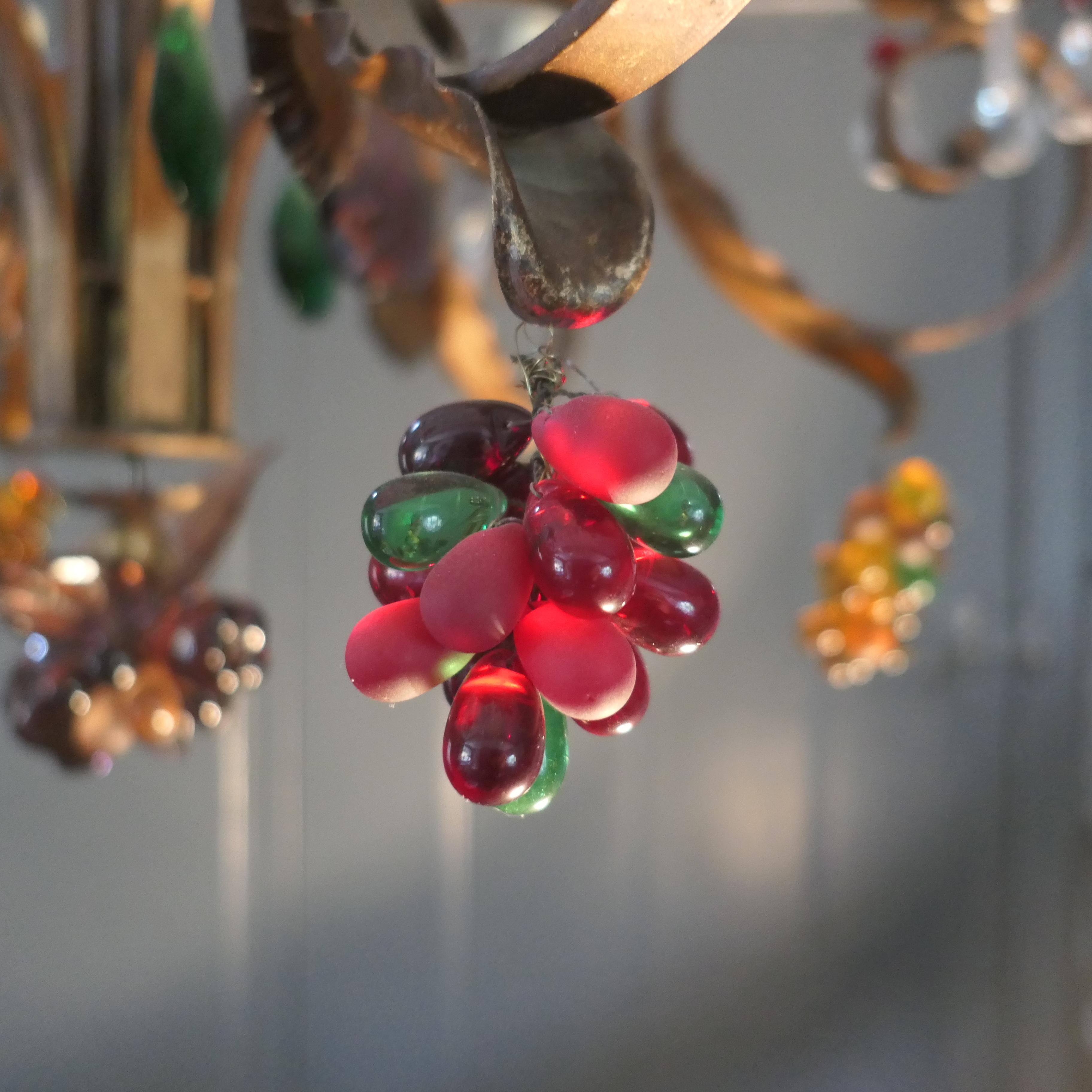 6 Branch Chandelier Hung with Coloured Crystal Fruits, Grapes, Apples and Pears In Good Condition For Sale In Godshill, Isle of Wight
