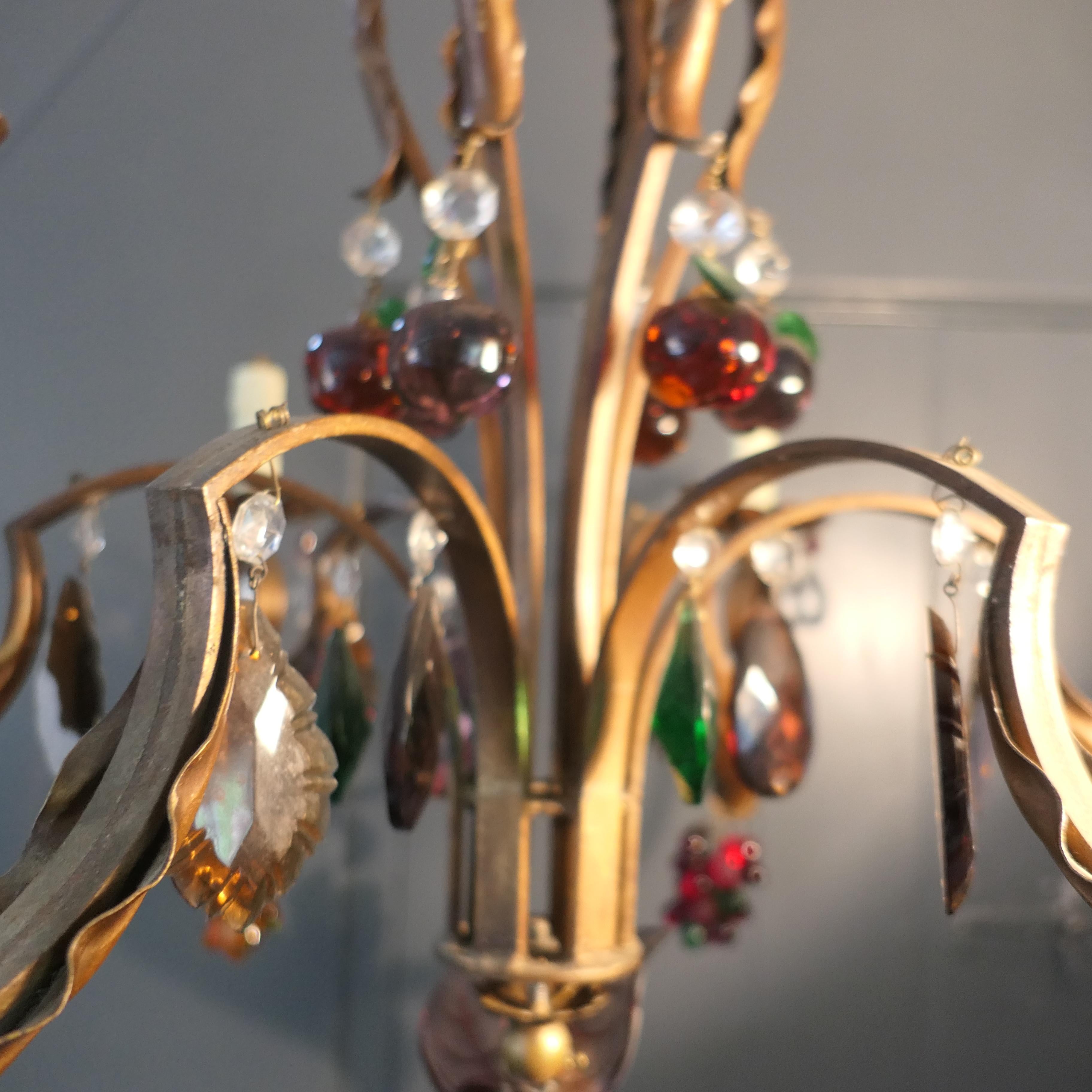 Late 19th Century 6 Branch Chandelier Hung with Coloured Crystal Fruits, Grapes, Apples and Pears For Sale