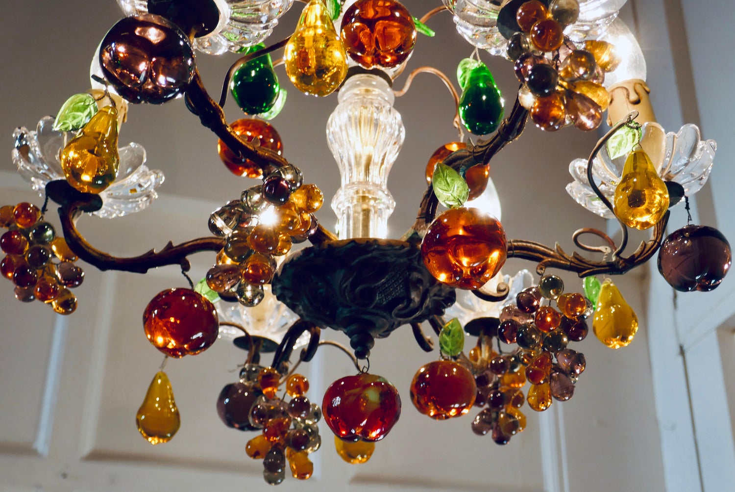 6 Branch Chandelier Hung with Colored Crystal Fruits, Grapes, Apples and Pears 6 Branch Chandelier Hung with Colored Crystal Fruits, Grapes, Apples and Pears