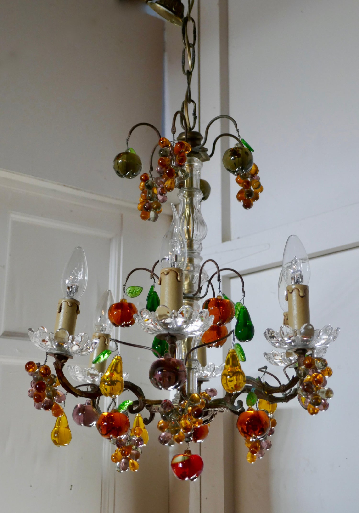 6 Branch Chandelier Hung with Colored Crystal Fruits, Grapes, Apples and Pears 6 Branch Chandelier Hung with Colored Crystal Fruits, Grapes, Apples and Pears