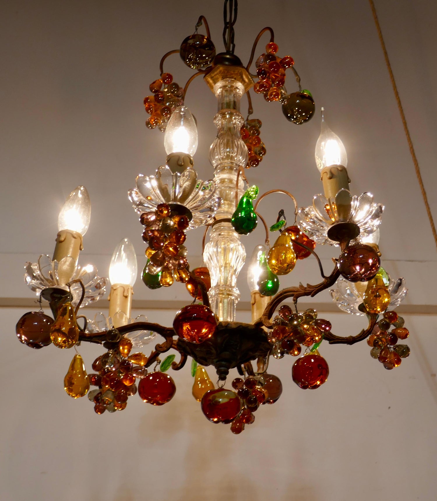 6 Branch Chandelier Hung with Colored Crystal Fruits, Grapes, Apples and Pears 6 Branch Chandelier Hung with Colored Crystal Fruits, Grapes, Apples and Pears