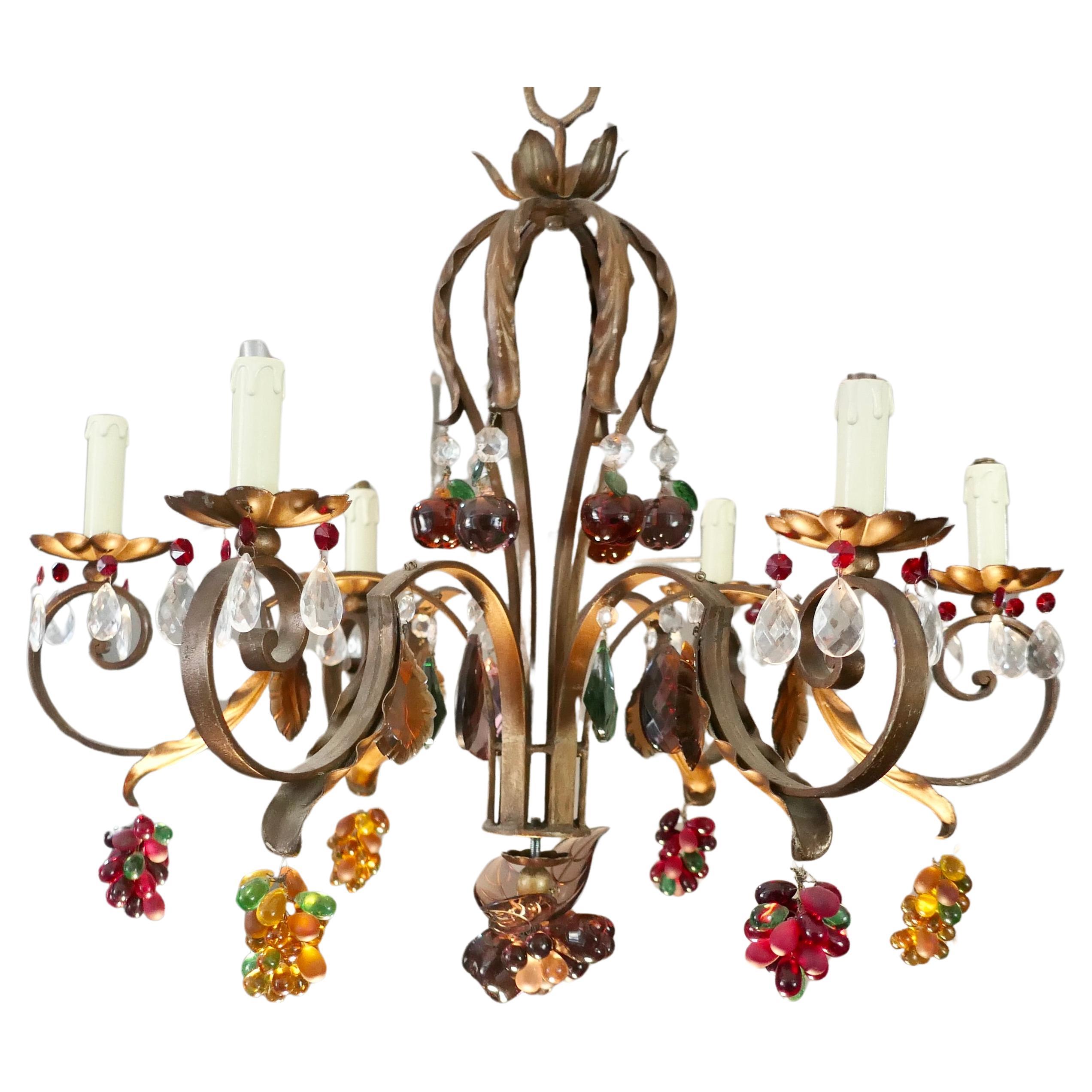 6 Branch Chandelier Hung with Coloured Crystal Fruits, Grapes, Apples and Pears For Sale