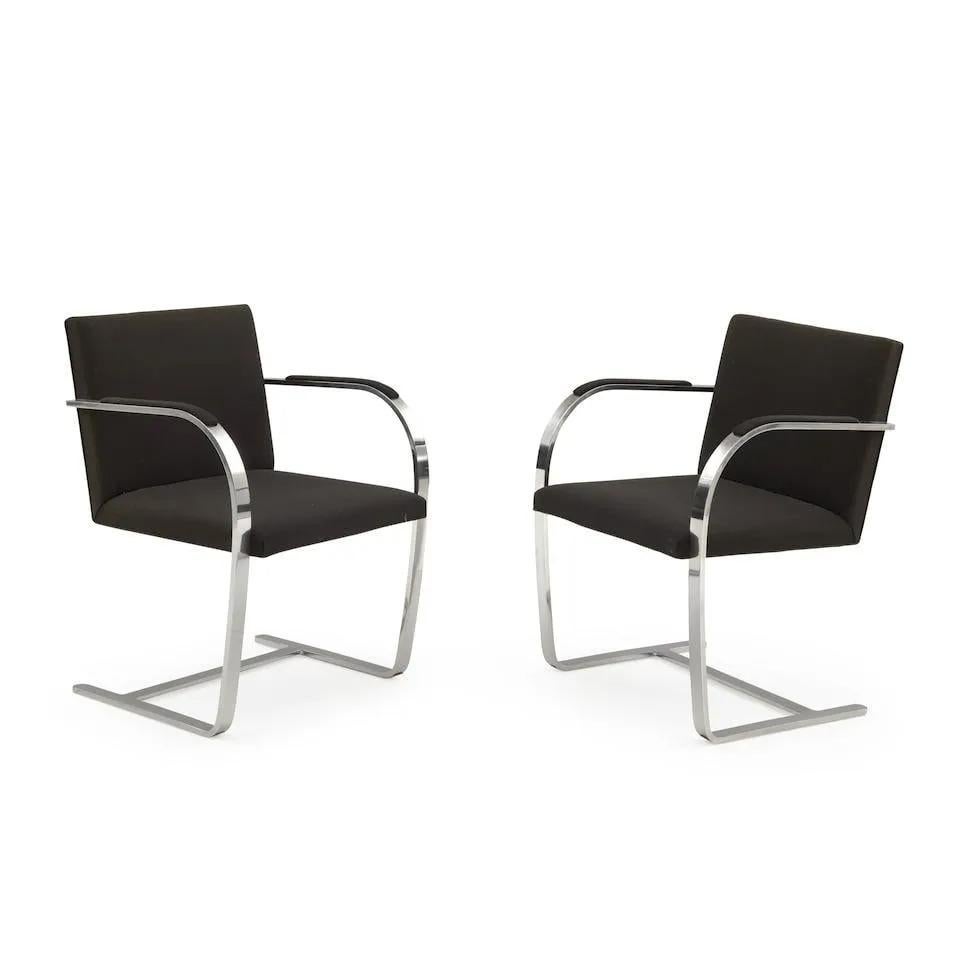 Set of 6 Mies Van Der Rohe BRNO Flat Bar Chairs for Knoll International.  The chairs have chromed steel frames with upholstered seats and padded arms.  