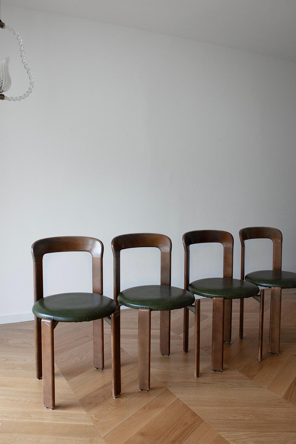 Mid-Century Modern 4 Bruno Rey Dining Chairs in Dark Wood with Green Leather Seat by Dietiker