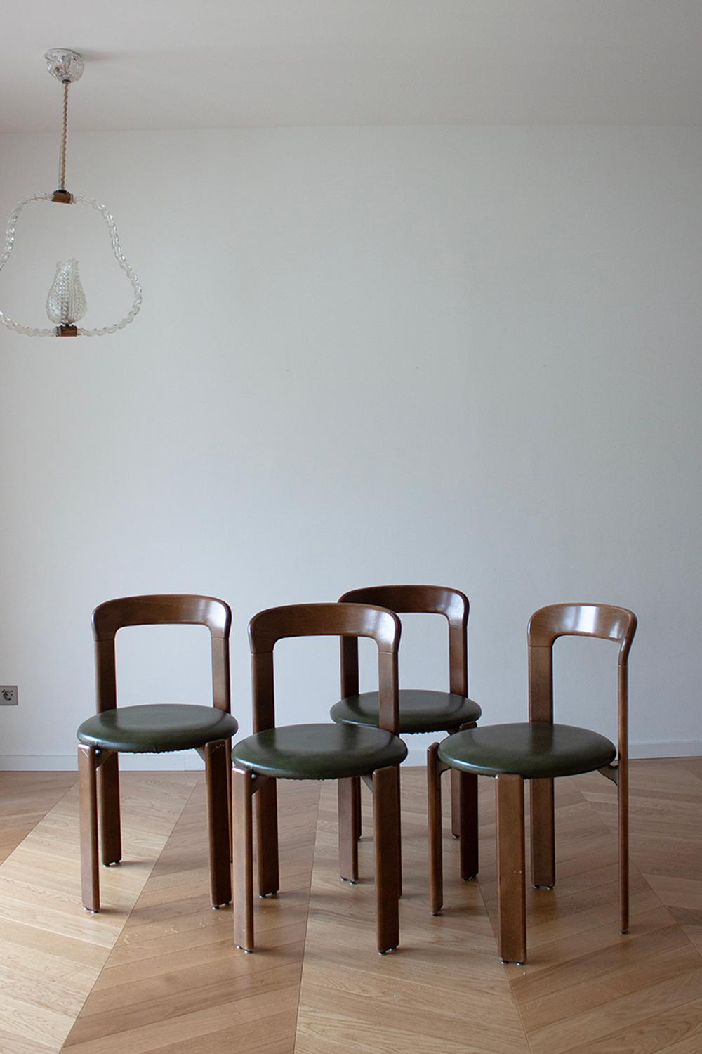 20th Century 4 Bruno Rey Dining Chairs in Dark Wood with Green Leather Seat by Dietiker