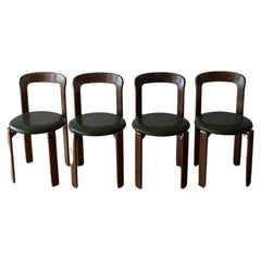 4 Bruno Rey Dining Chairs in Dark Wood with Green Leather Seat by Dietiker