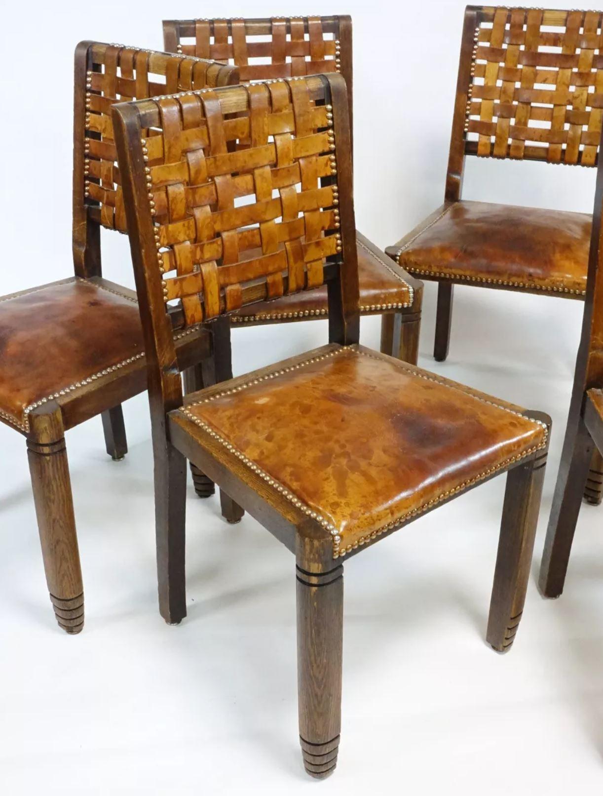 6 french brutalist chairs in good vintage conditions
.
Period : 1950s.
.
Leather, wood and studded. 
.
Superb patina. and veruy confortable ; suit with a lots of design periods.
.
Rare. 
.
Dimensions : 
Height : 88 cm. 
Width : 48 cm. 
Seat height :
