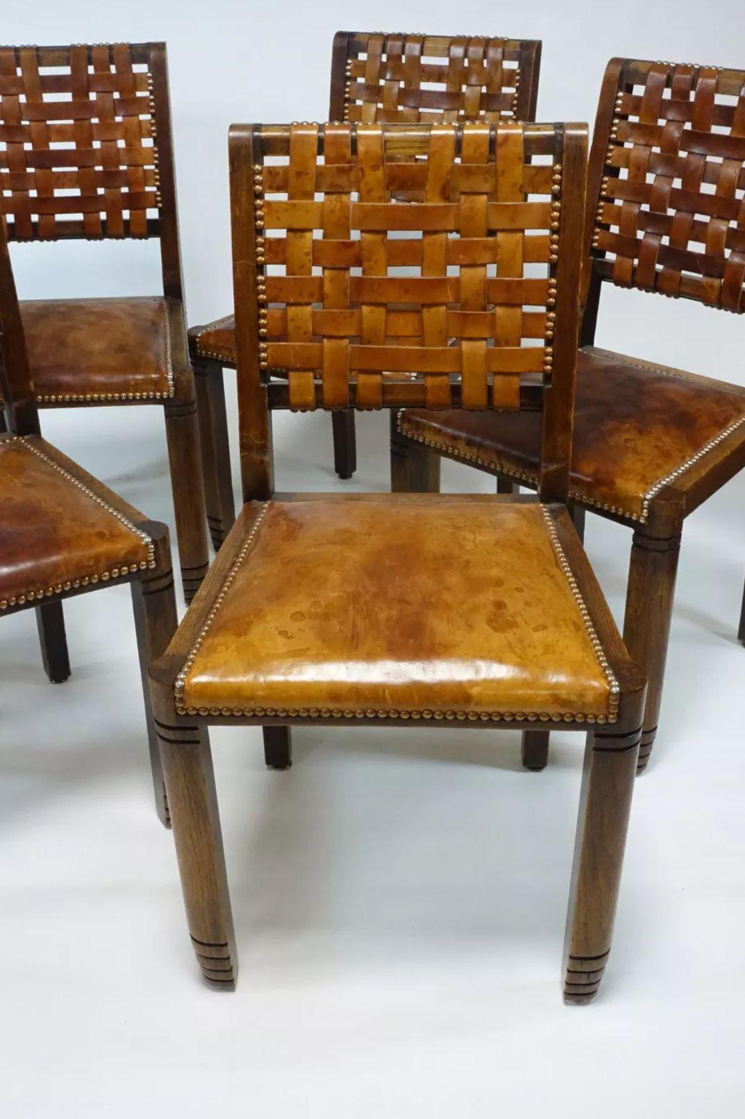 French 6 Brutalist Leather and Wood Chairs, 50s like Pierre Chapo or Charlotte Perriand For Sale