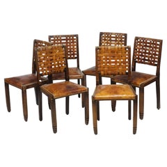 6 Brutalist Leather and Wood Chairs, 50s like Pierre Chapo or Charlotte Perriand