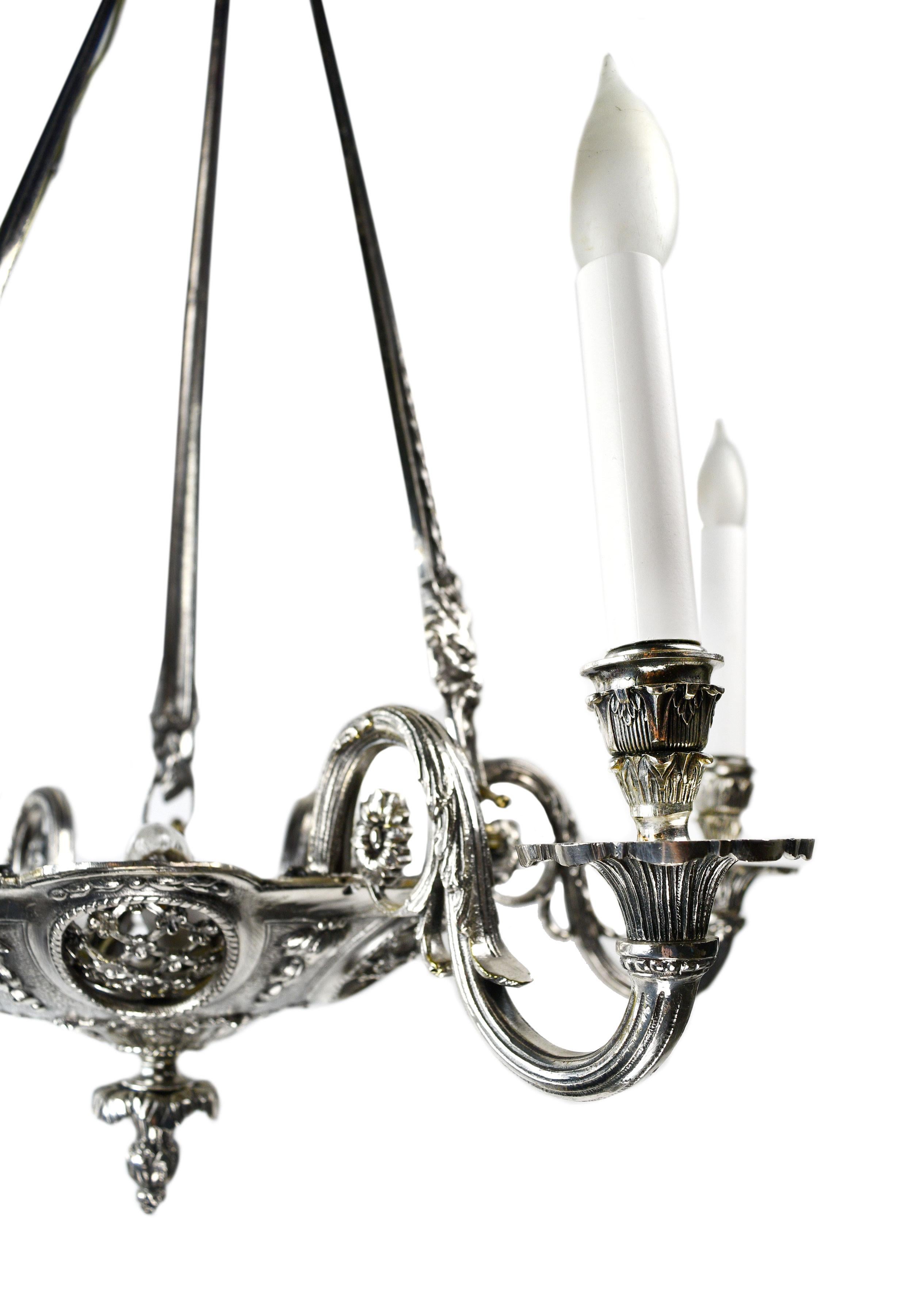 Art Nouveau 6-Candle Silver Plated Chandelier with Faces For Sale