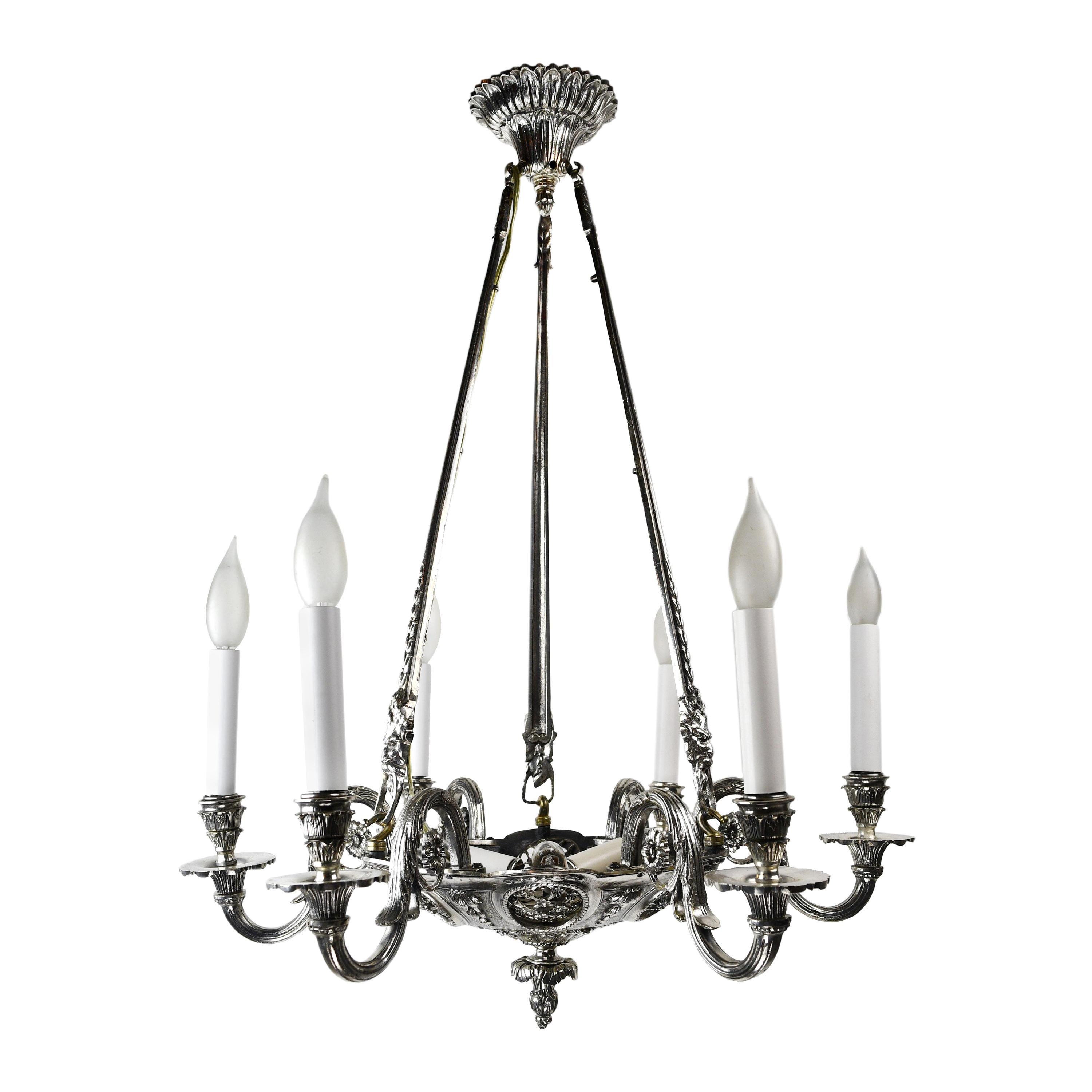 6-Candle Silver Plated Chandelier with Faces For Sale