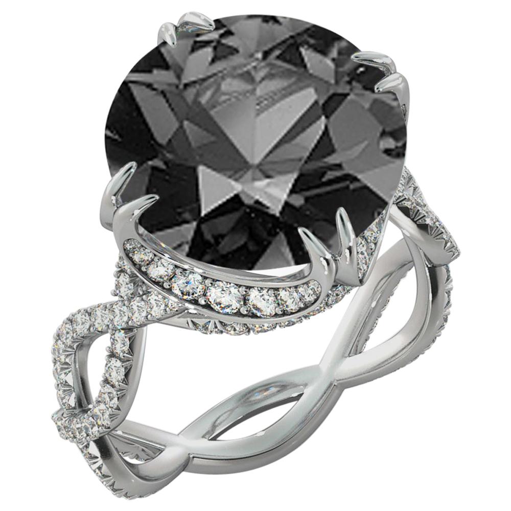 6 Carat 14 Karat White Gold Certified Round Black Diamond Ring