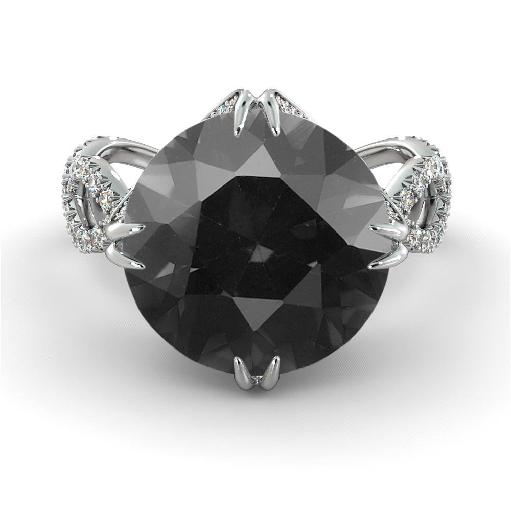 This impressive ring features a solitaire certified round black diamond.. Center stone is natural, round shape, AAA quality 5 carat Black diamond and it is surrounded by 54 smaller natural round diamonds of approx. 1.00 total carat weight. Set in a