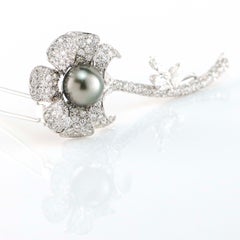 6.00 Carat 18 Karat White Gold Tahitian Pearl and Diamond Flower Brooch