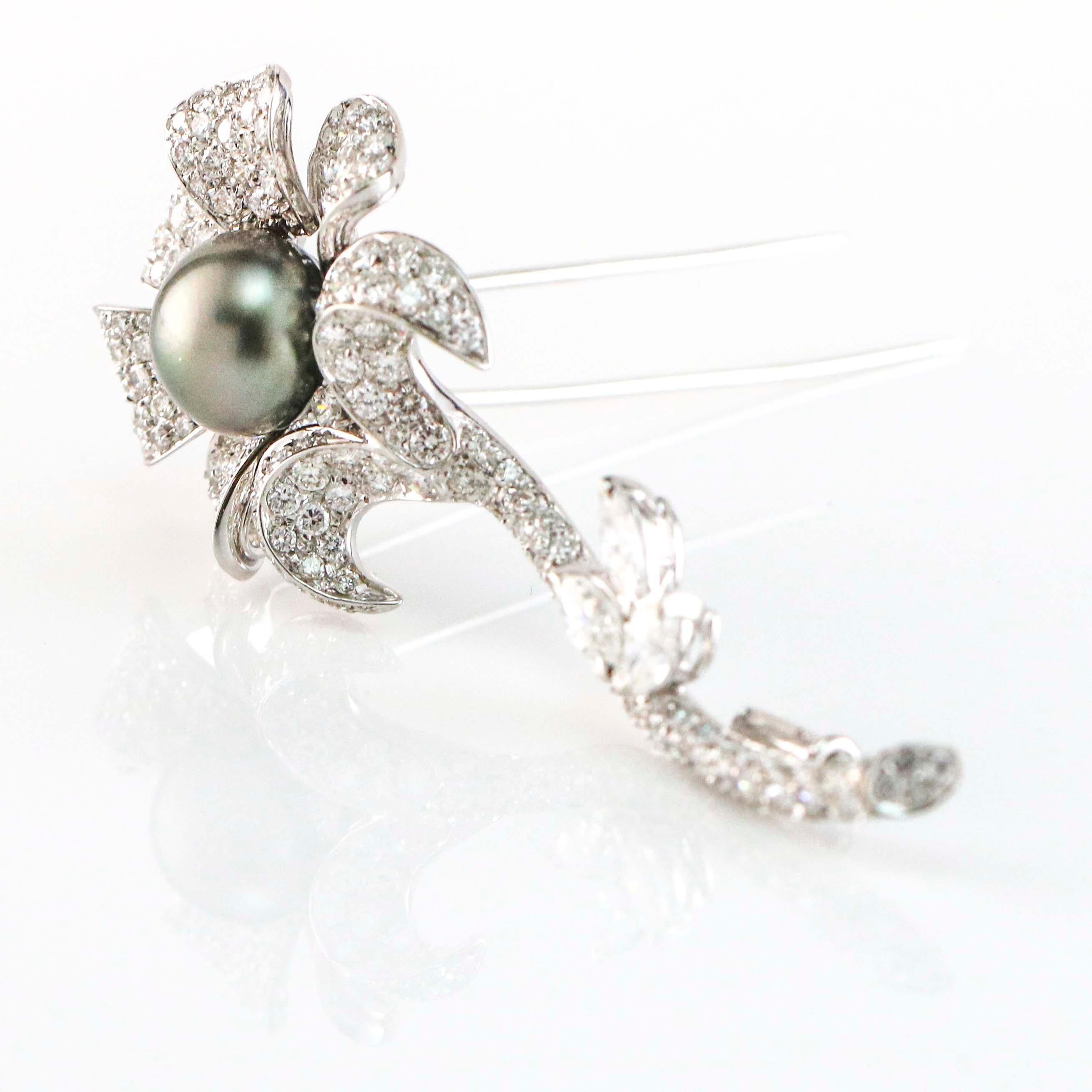 Round Cut 6.00 Carat 18 Karat White Gold Tahitian Pearl and Diamond Flower Brooch For Sale