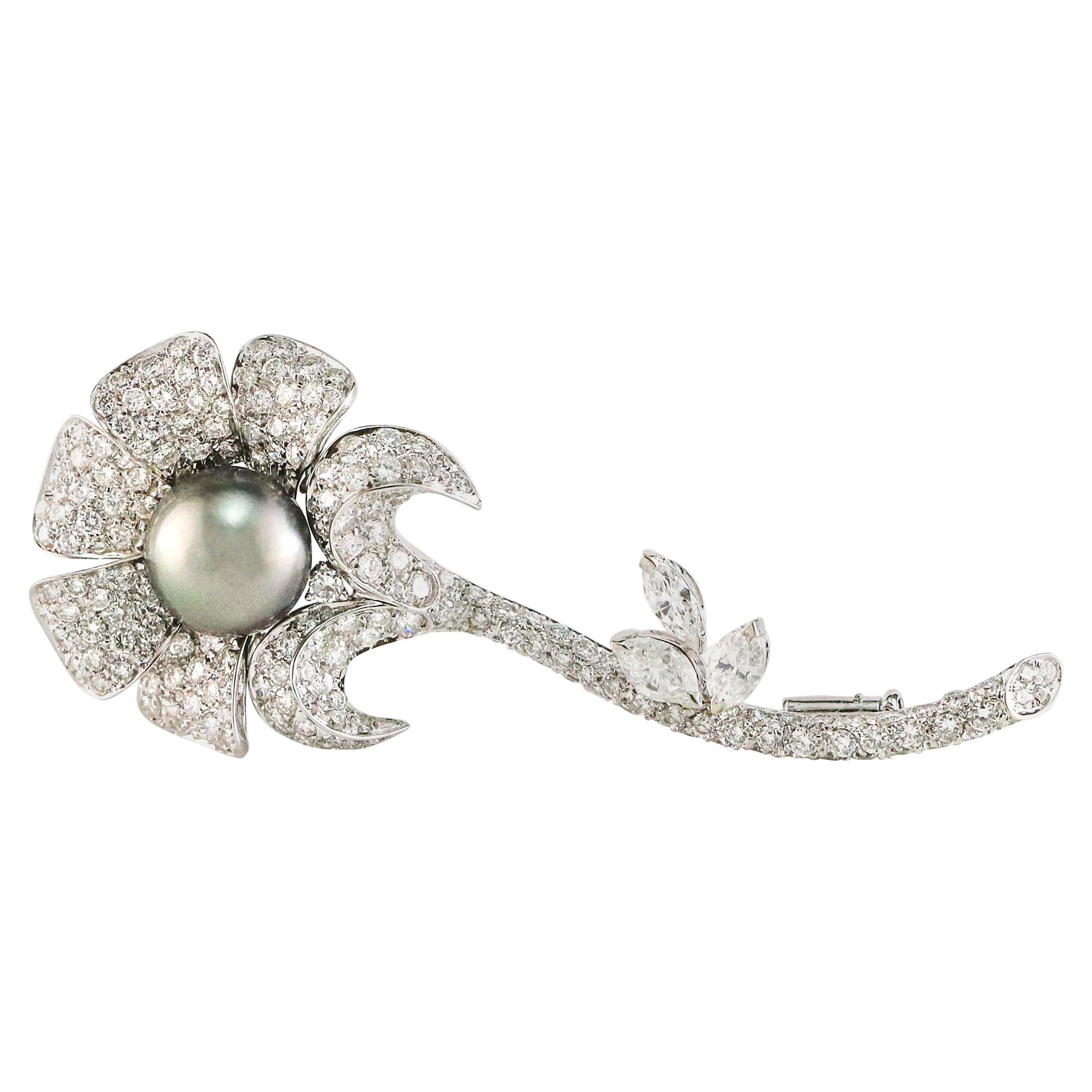 6.00 Carat 18 Karat White Gold Tahitian Pearl and Diamond Flower Brooch For Sale