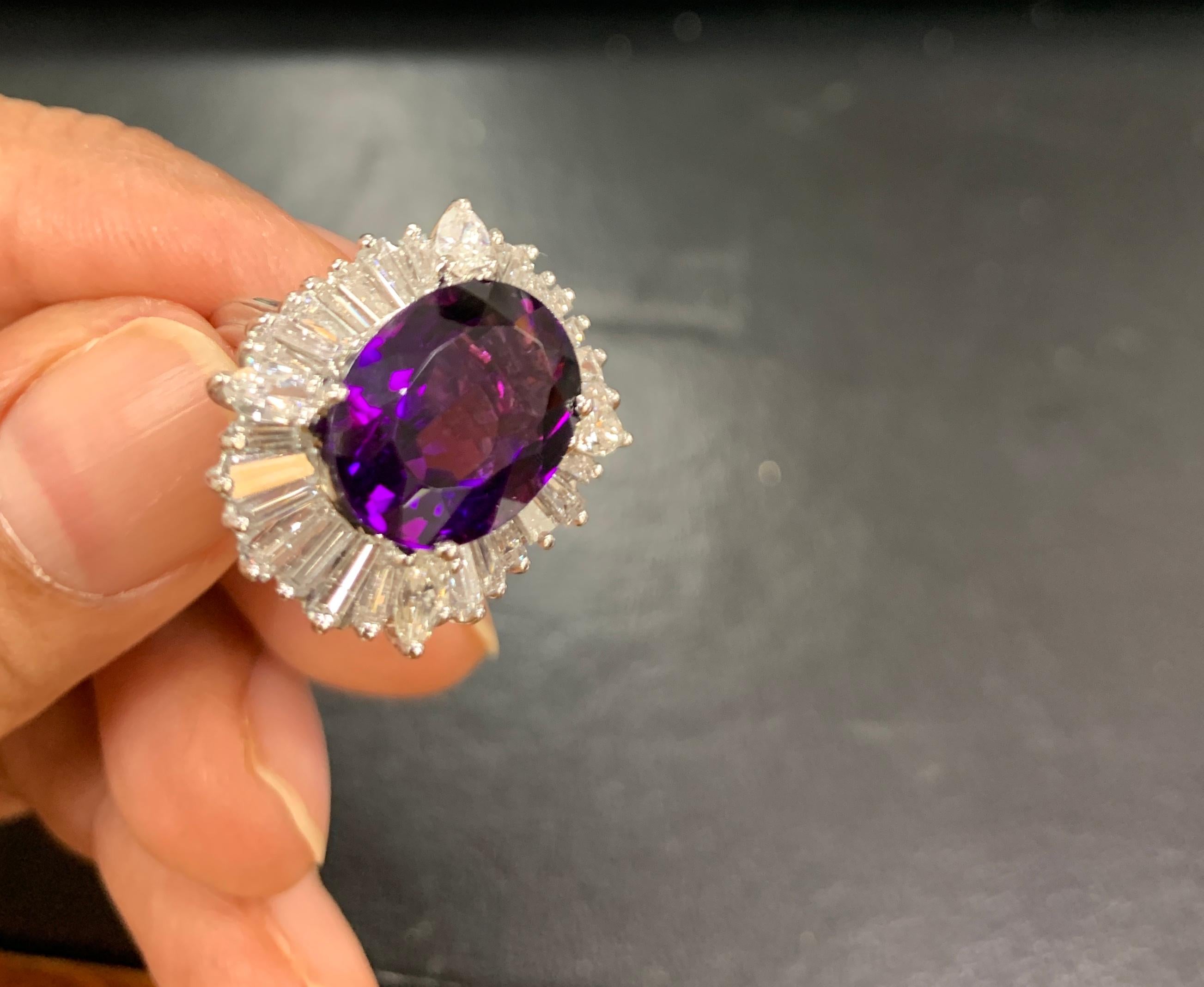 Oval Cut 6 Carat Amethyst and 3.5 Carat Diamond Ballerina Ring 14 Karat White Gold, 1970s